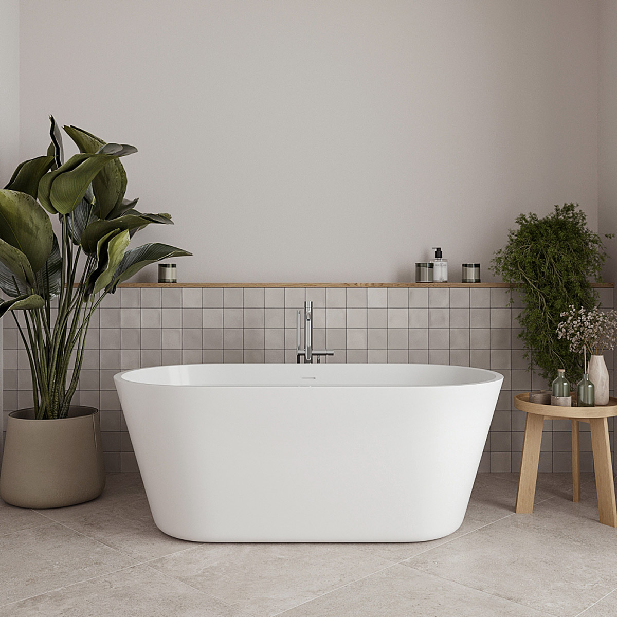 Streamline 59 in. Freestanding Bathtub with Expandable Bamboo Bathtub Caddy