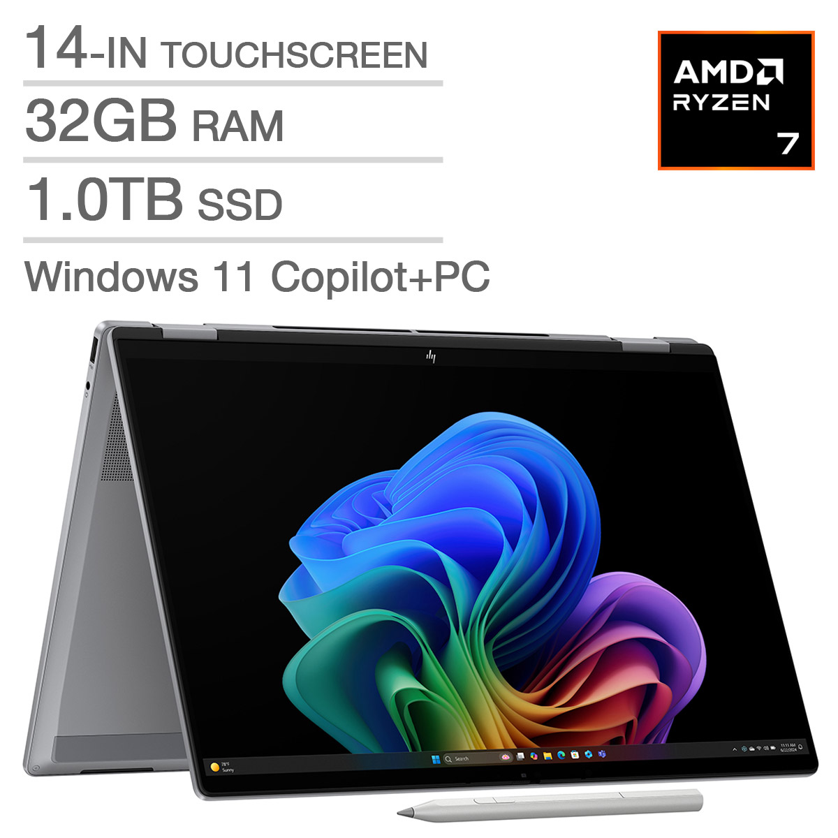 HP OmniBook X Flip Copilot+ PC 14-in. OLED Touchscreen Laptop, AMD Ryzen AI 7 350, 32GB RAM, 1TB SSD