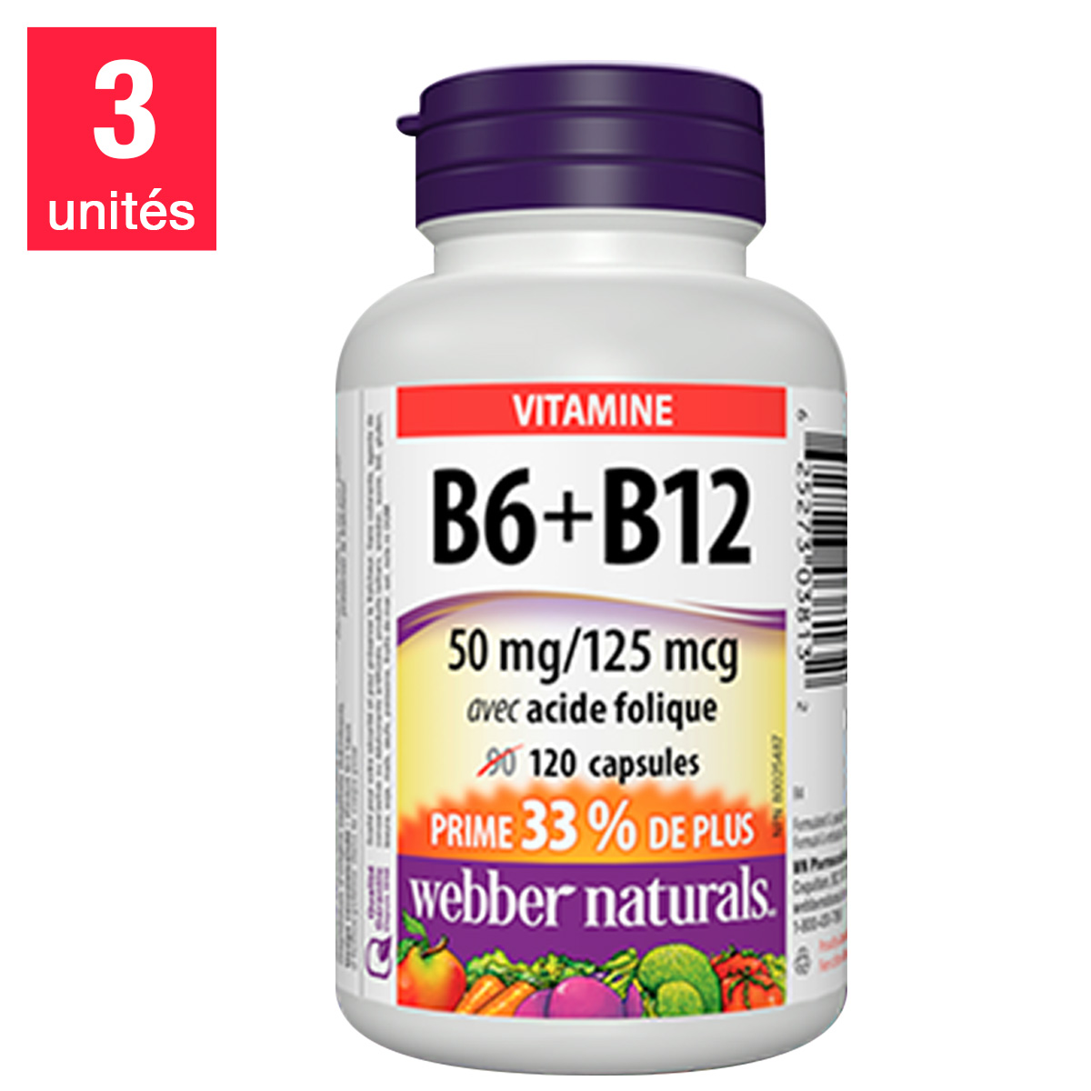webber naturals B6 + B12 avec acide folique -- 3 x 120 capsules