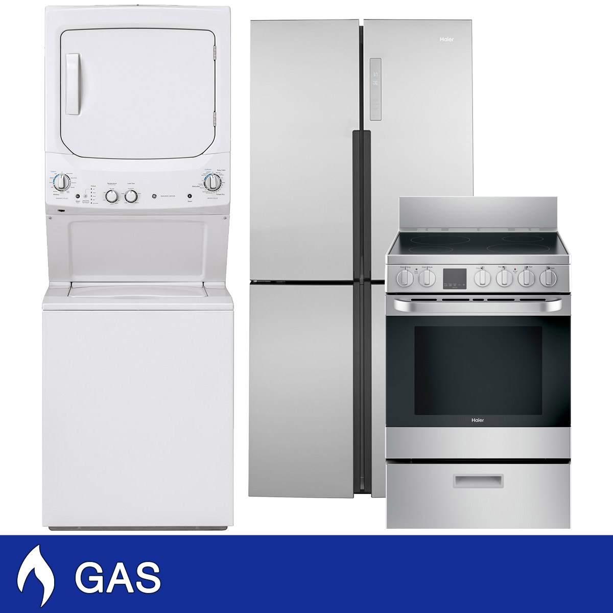 GE 3-piece GAS Compact Living Package with Haier Refrigerator and Range and GE Unitzed Laundry