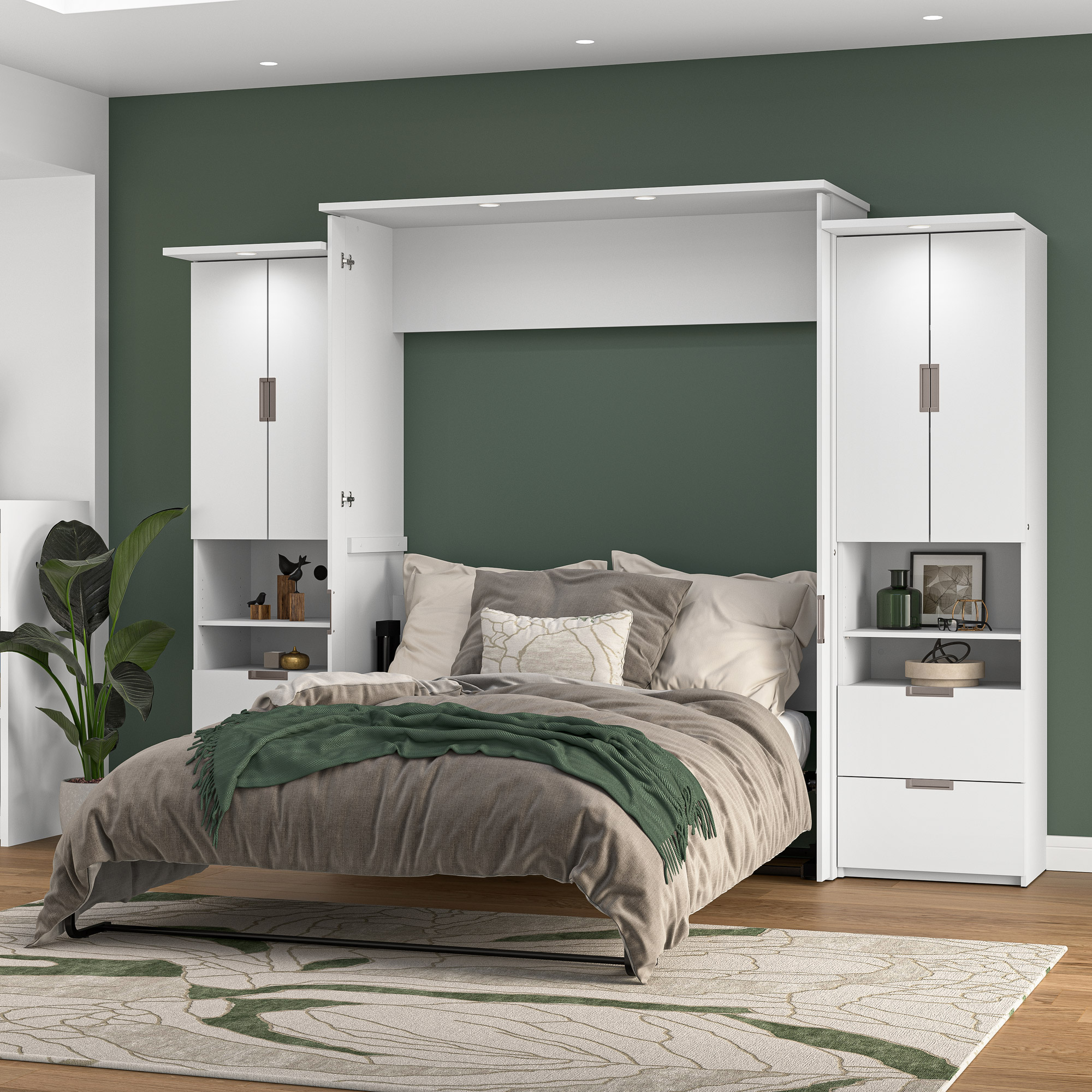 Bestar Lumina Queen Wall Bed with Desk and 2 Storage Cabinets