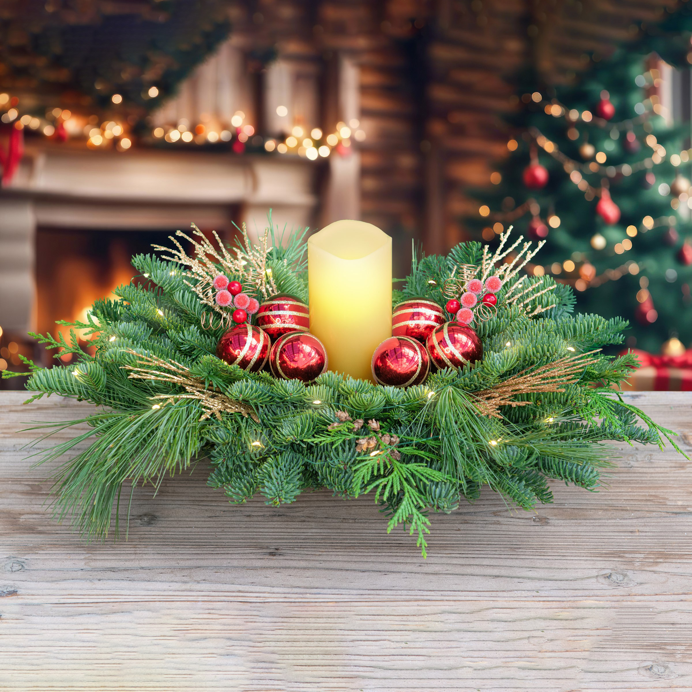 Lighted Fresh Cut Greens Sugarberry Centerpiece