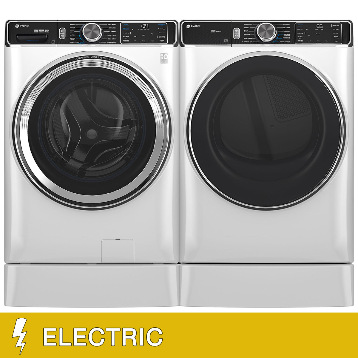 GE Profile 5.3 cu. ft. Front Load Washer with UltraFresh Vent System+ and 7.8 cu. ft. Front Load ELECTRIC Dryer with Steam and Sanitize Cycle with 7 inch Risers