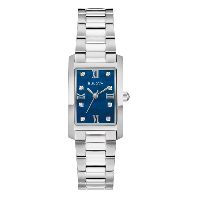 Bulova Classic Stainless Steel Diamond Rectangle Blue Dial Women's Quartz Watch, 21mm