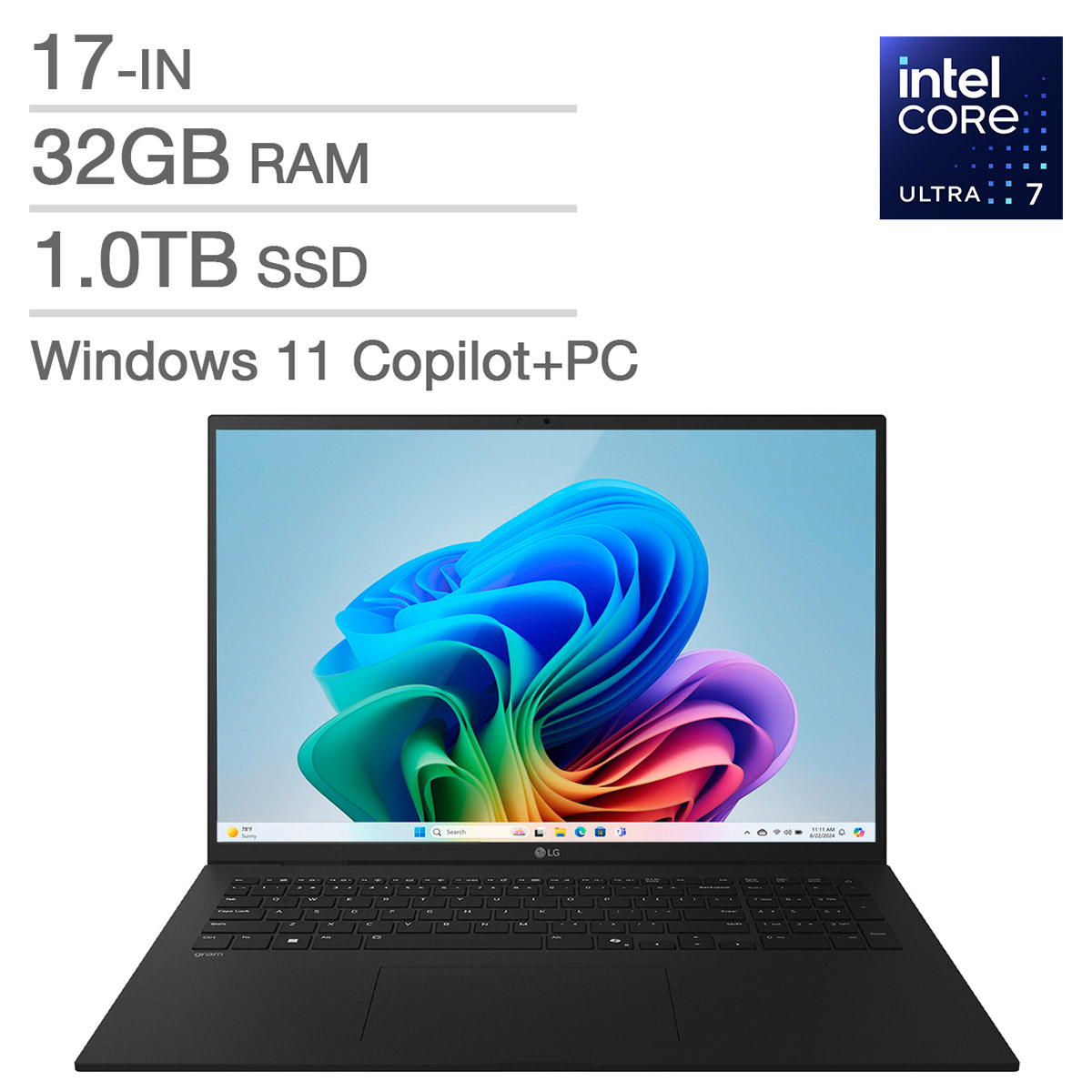 LG gram Copilot+ PC 17-in Laptop, Intel Core Ultra 7 258V – 32GB RAM, 1TB SSD, Intel Arc	
