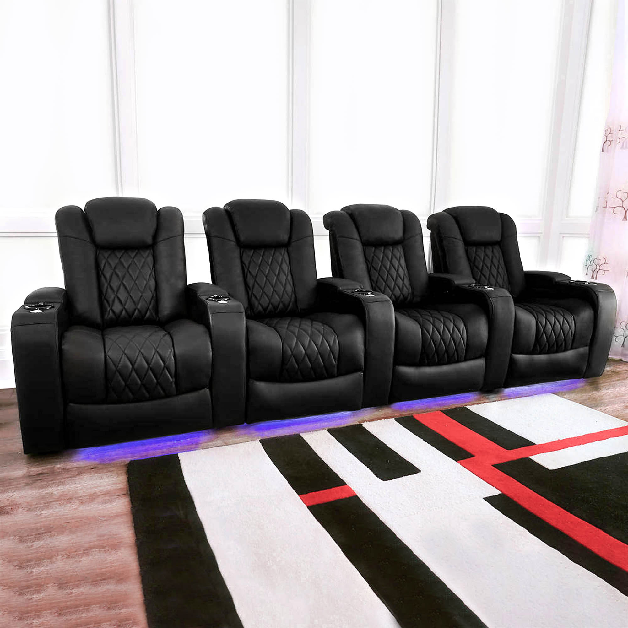 Pavillion II 4-piece Top Grain Leather Power Reclining Home Theatre Seating, Black