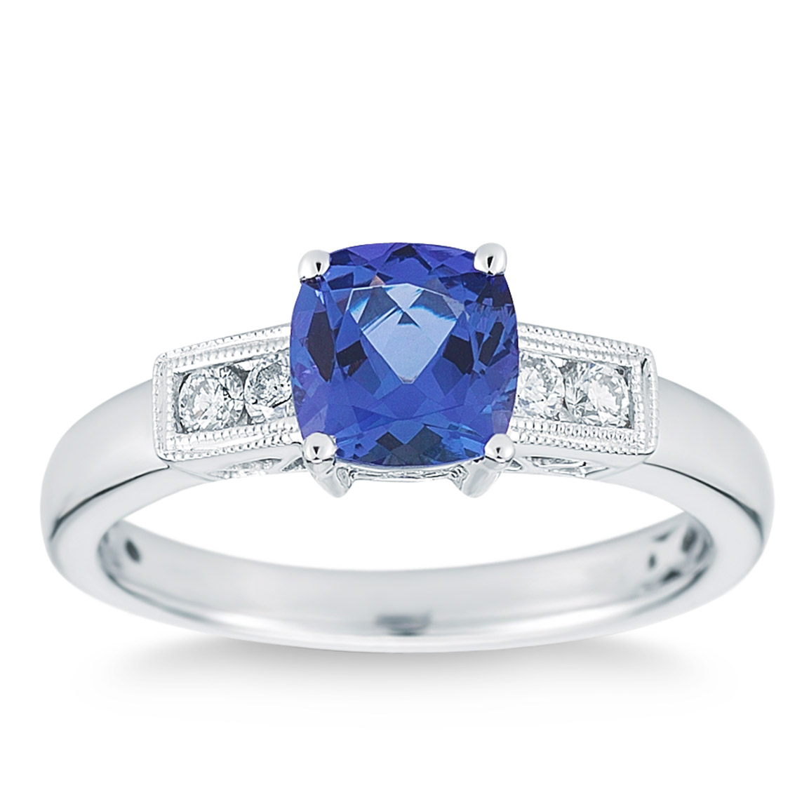 Square Cushion Cut Tanzanite and Diamond Milgrain Ring (0.17 ctw)  