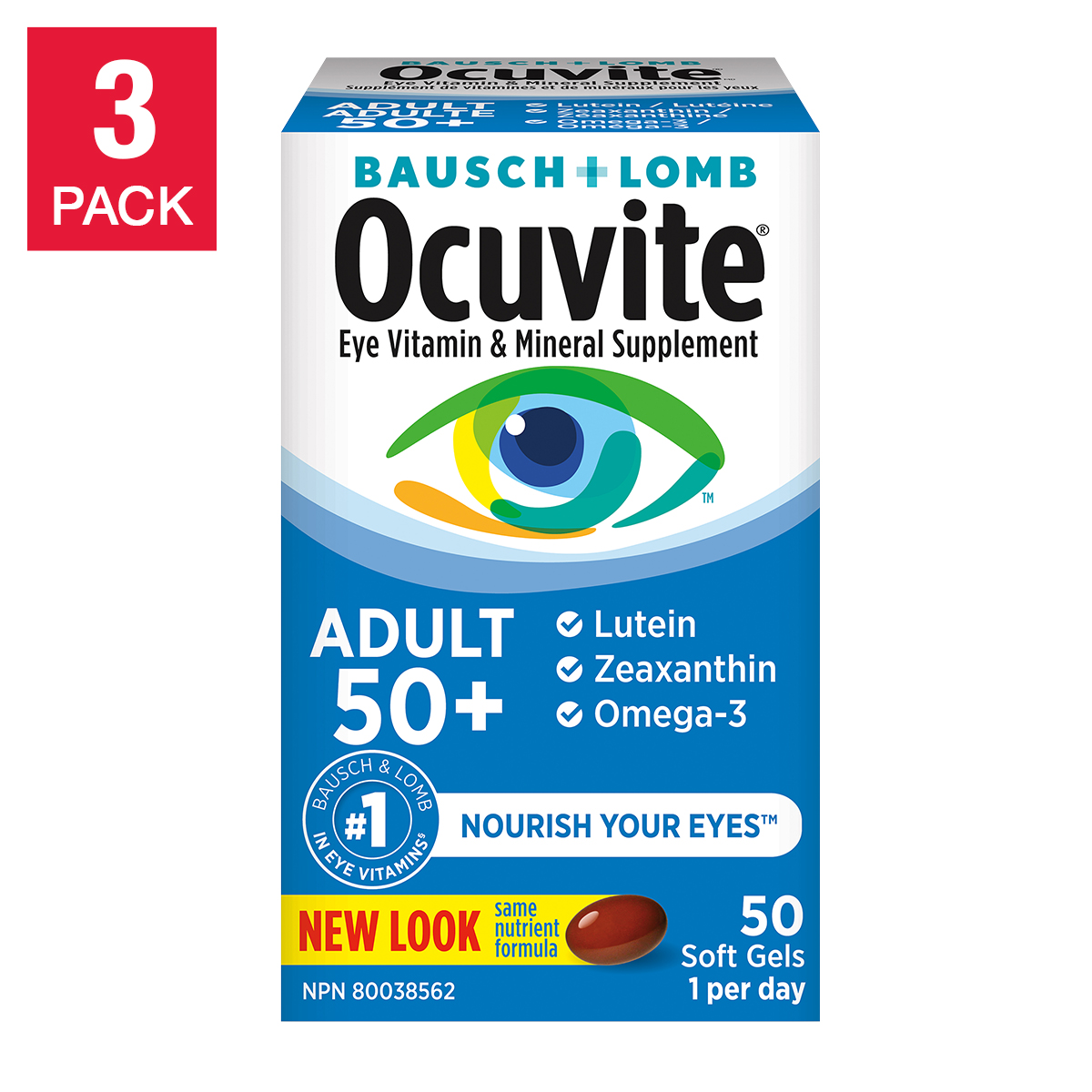 Ocuvite Adult 50+ Eye Vitamin and Mineral Supplement, 3 x 50 Softgels