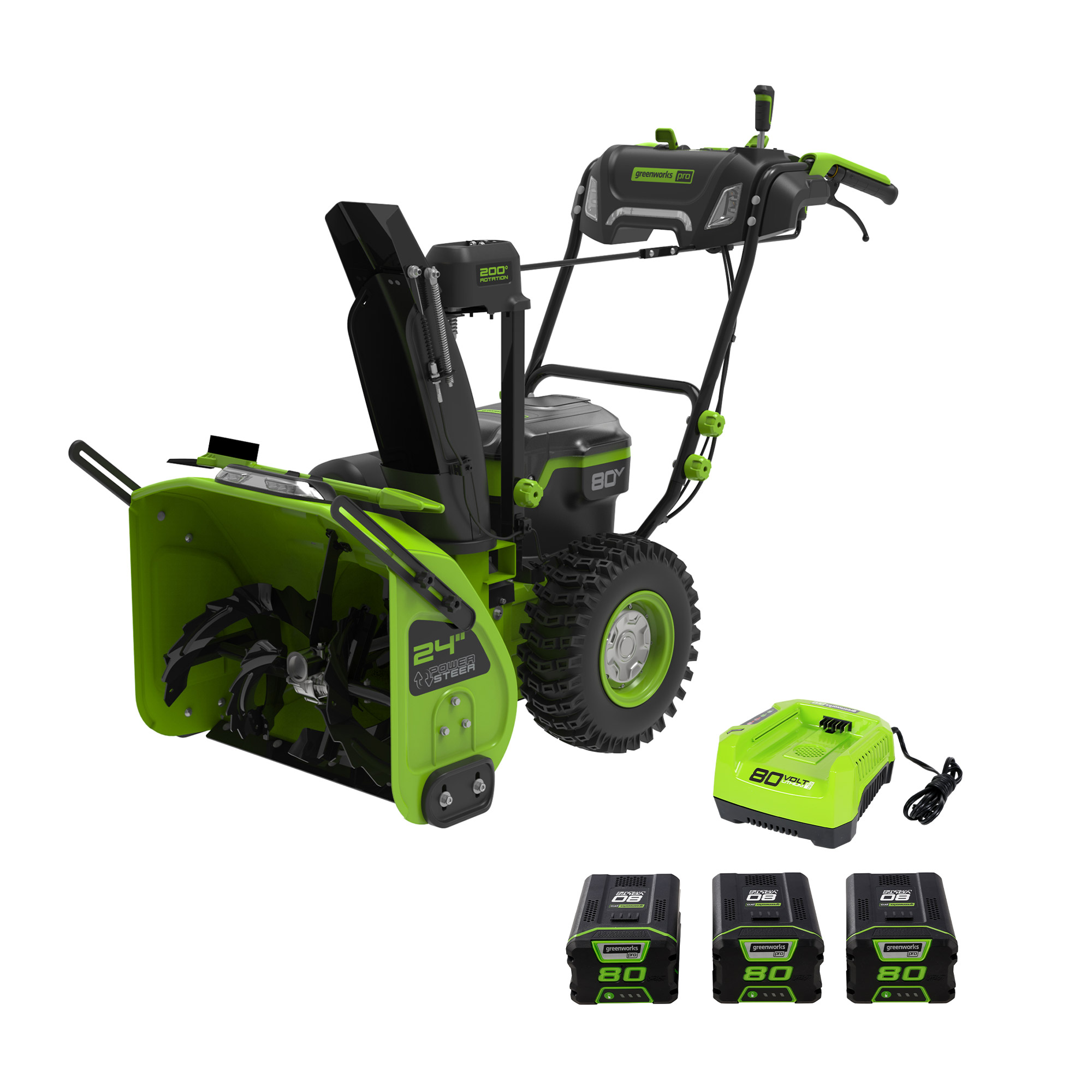 Greenworks 80V 24'' Two Stage Snow Thrower, (3) 4 Ah Batteries and Rapid Charger