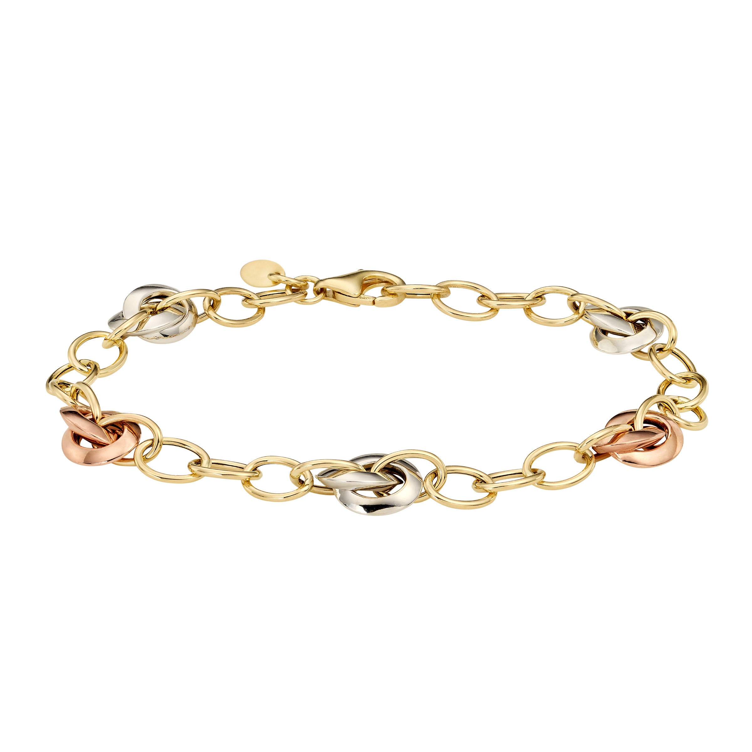 High Polish Interlocking Oval Link Bracelet in Three Tone Gold