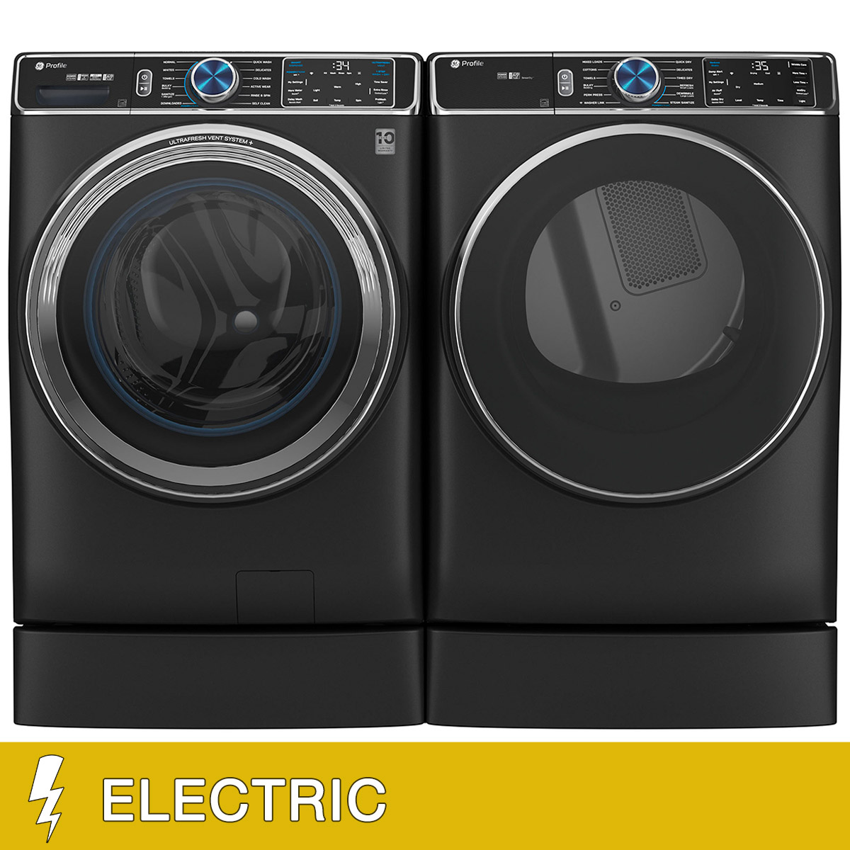 GE Profile 5.5 cu. ft. Smart Front Load Washer with UltraFresh Vent System+ and 7.8 cu. ft. Smart ELECTRIC Front Load Dryer with Steam and Sanitize Cycle with 7 inch Risers