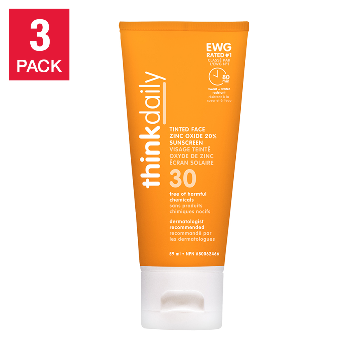 Thinkdaily Tinted Face Sunscreen SPF30, 3-pack