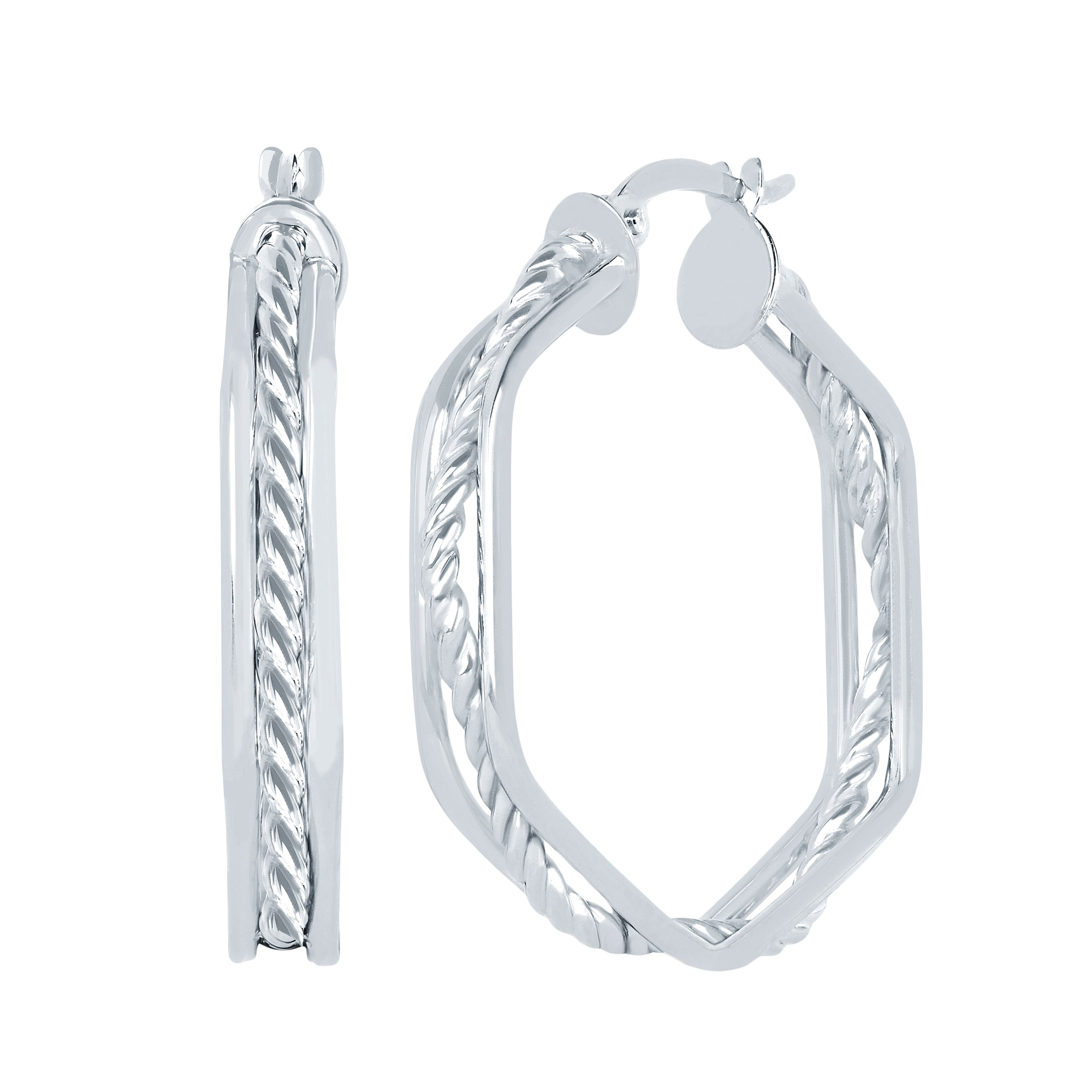 High Polish Double Hexagon Rope Hoop Earrings in White Gold
