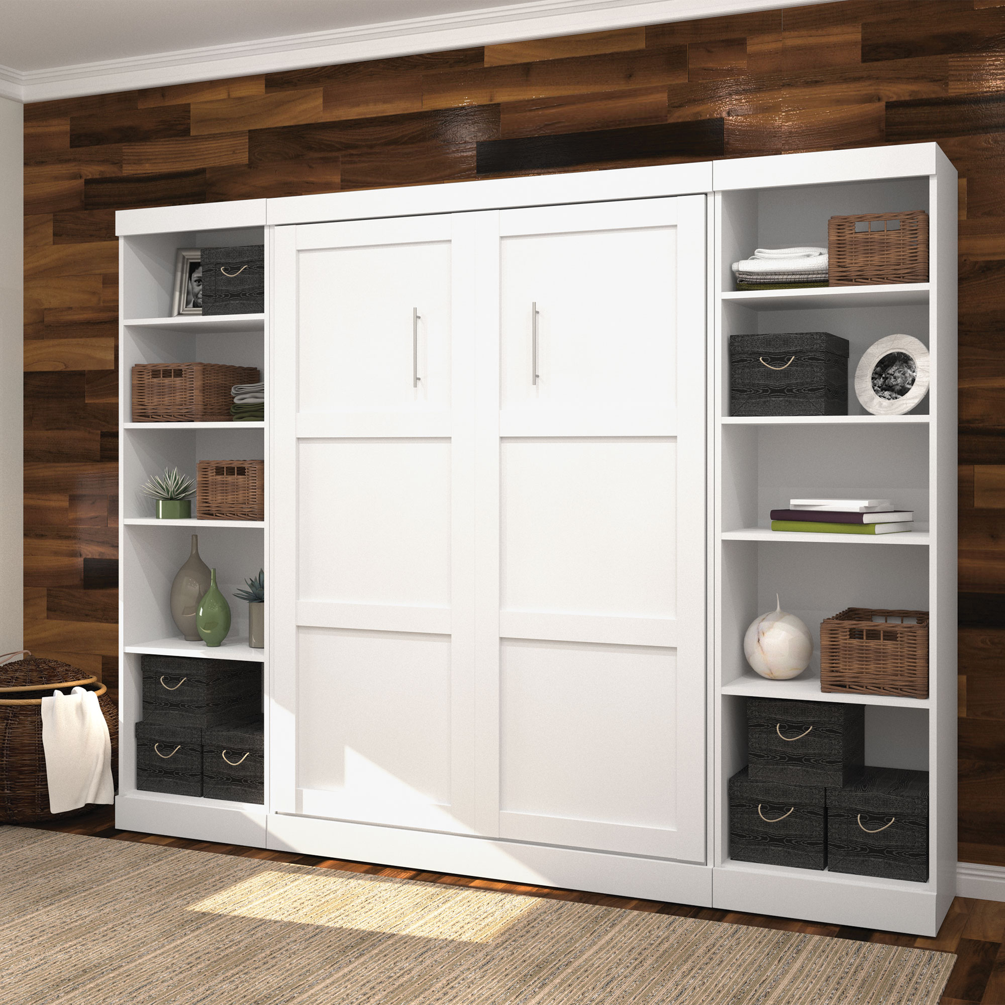 Boutique Full Wall Bed with Two Storage Units in White