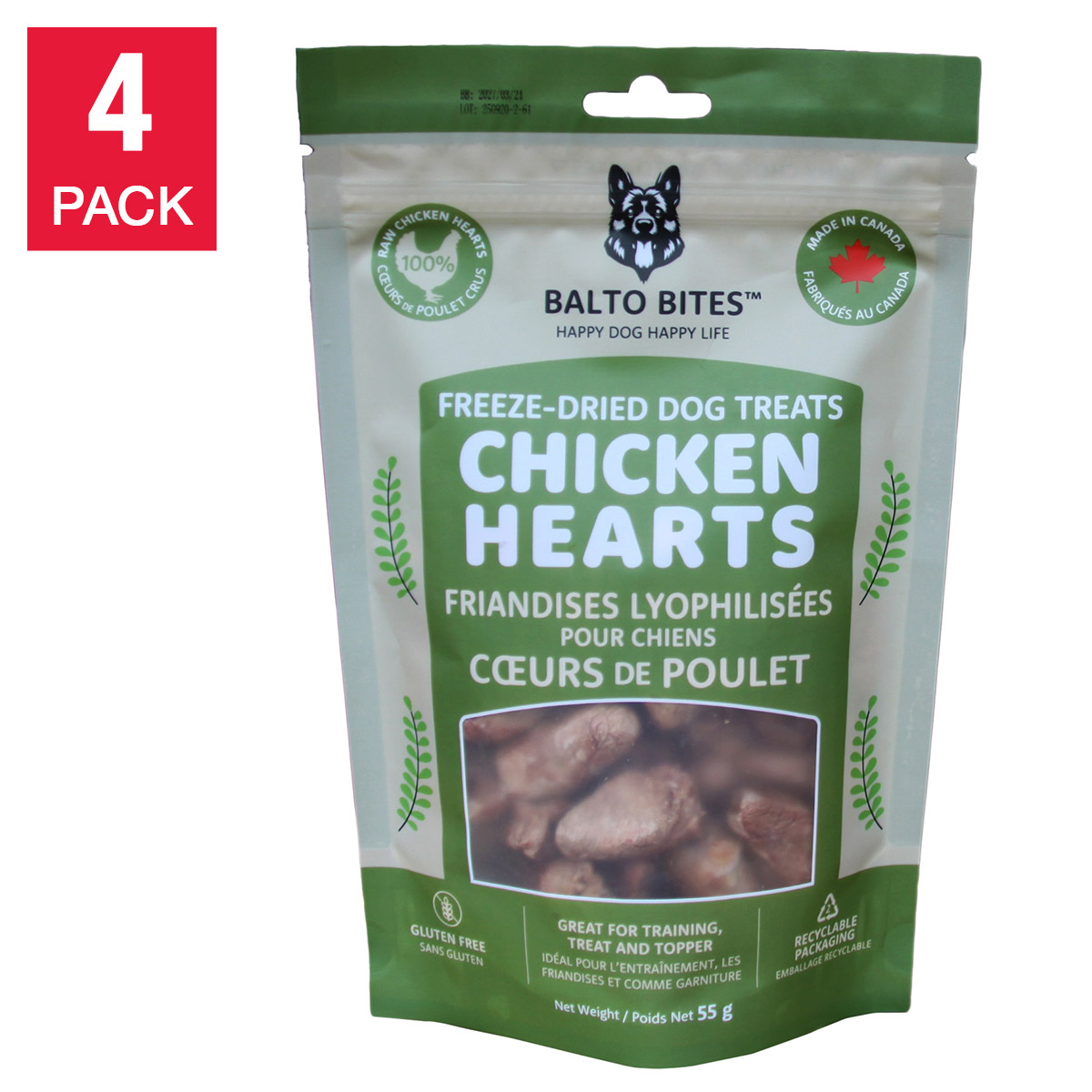 Balto Bites Freeze Dried Chicken Hearts Dog Treats, 4 x 55 g