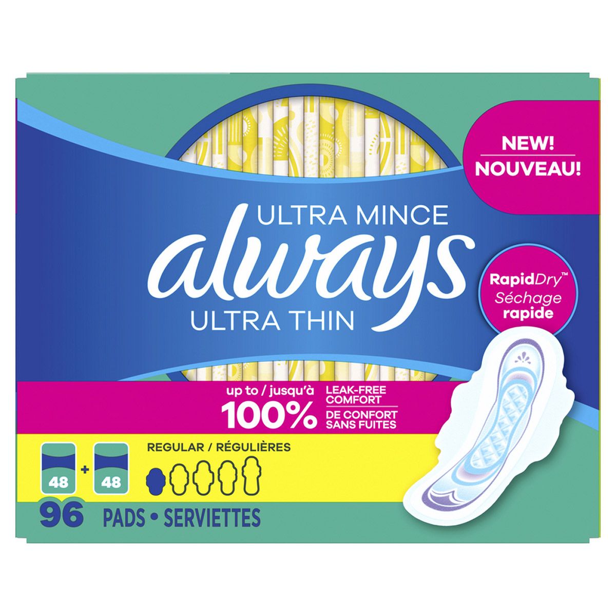 Always Ultra Thin Regular Pads, Unscented with Wings, 96 Count