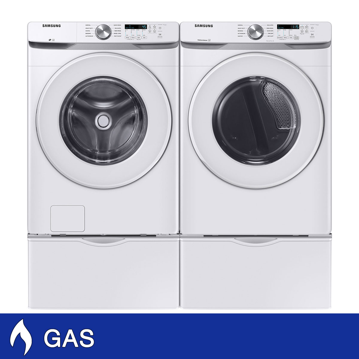Samsung 4.5 cu. ft. Front Load Washer with Vibration Reduction Technology+ and 7.5 cu. ft. GAS Dryer with Storage Pedestals