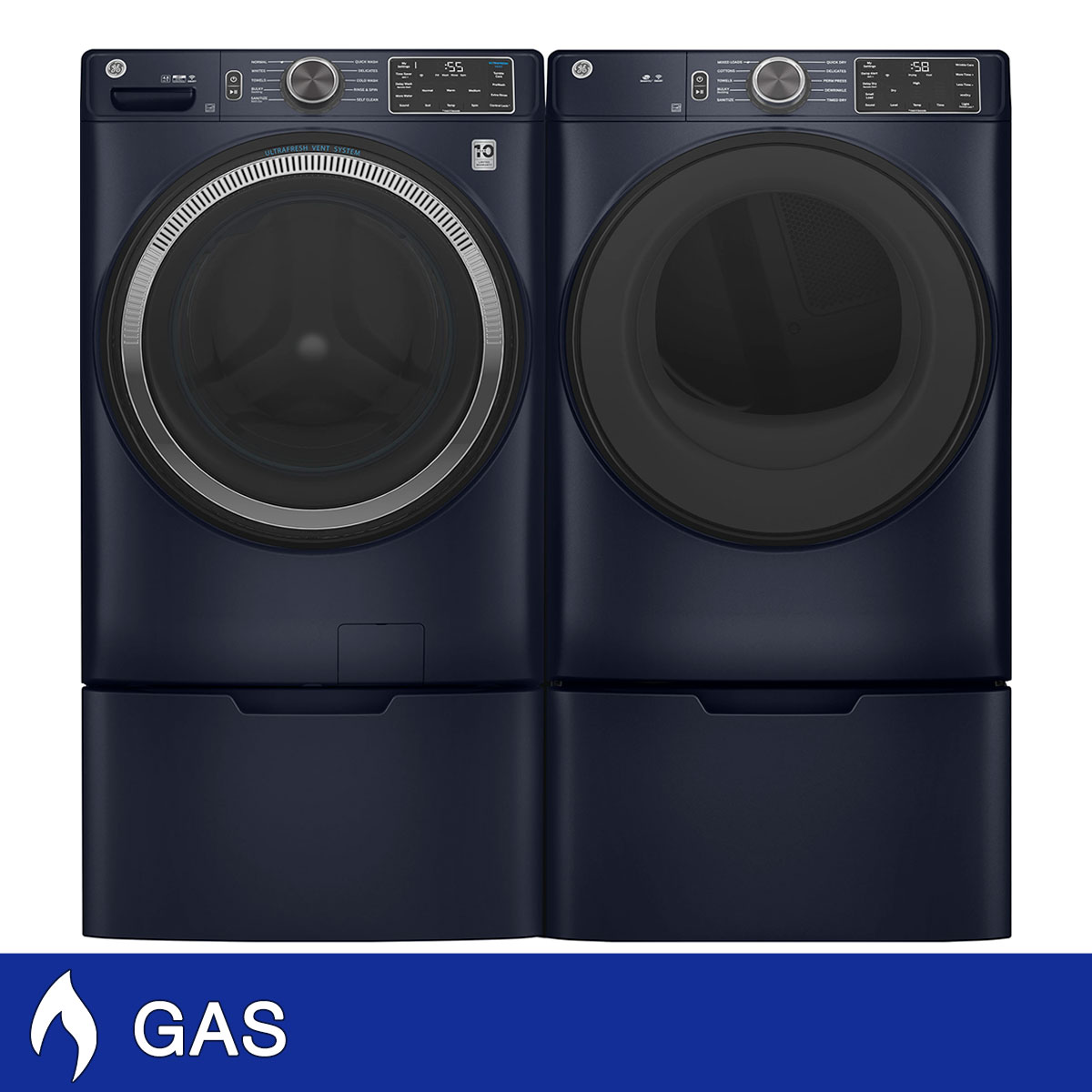 GE 4.8 cu. ft. Washer with Microban and 7.8 cu. ft. GAS Laundry Package with Storage Pedestals