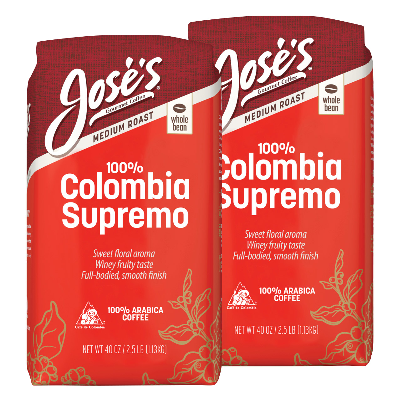 Jose's 100% Colombia Supremo Whole Bean Coffee, Medium, 2.5 lbs, 2