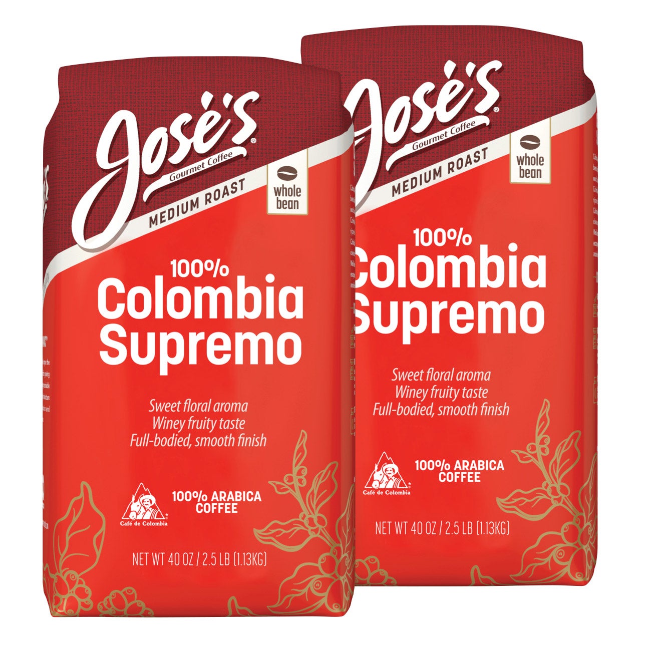 Jose's 100% Colombia Supremo Whole Bean Coffee, Medium, 2.5 lbs, 2