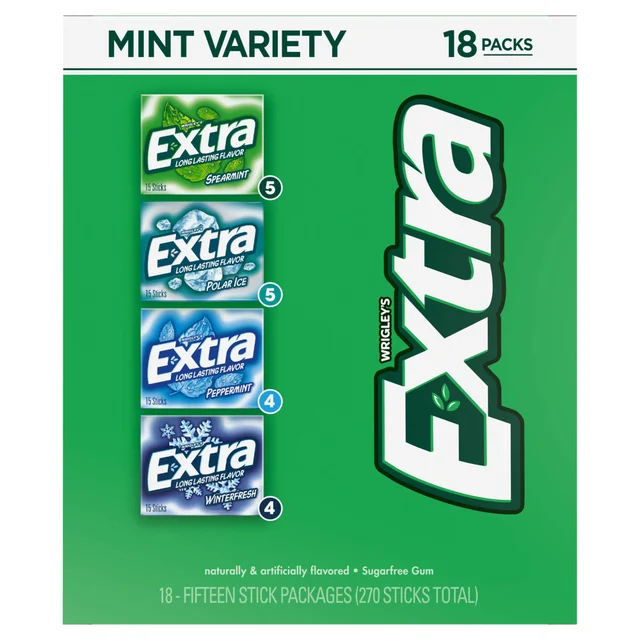 Extra Mint Sugar Free Chewing Gum, Variety Pack, 15-sticks, 18-count