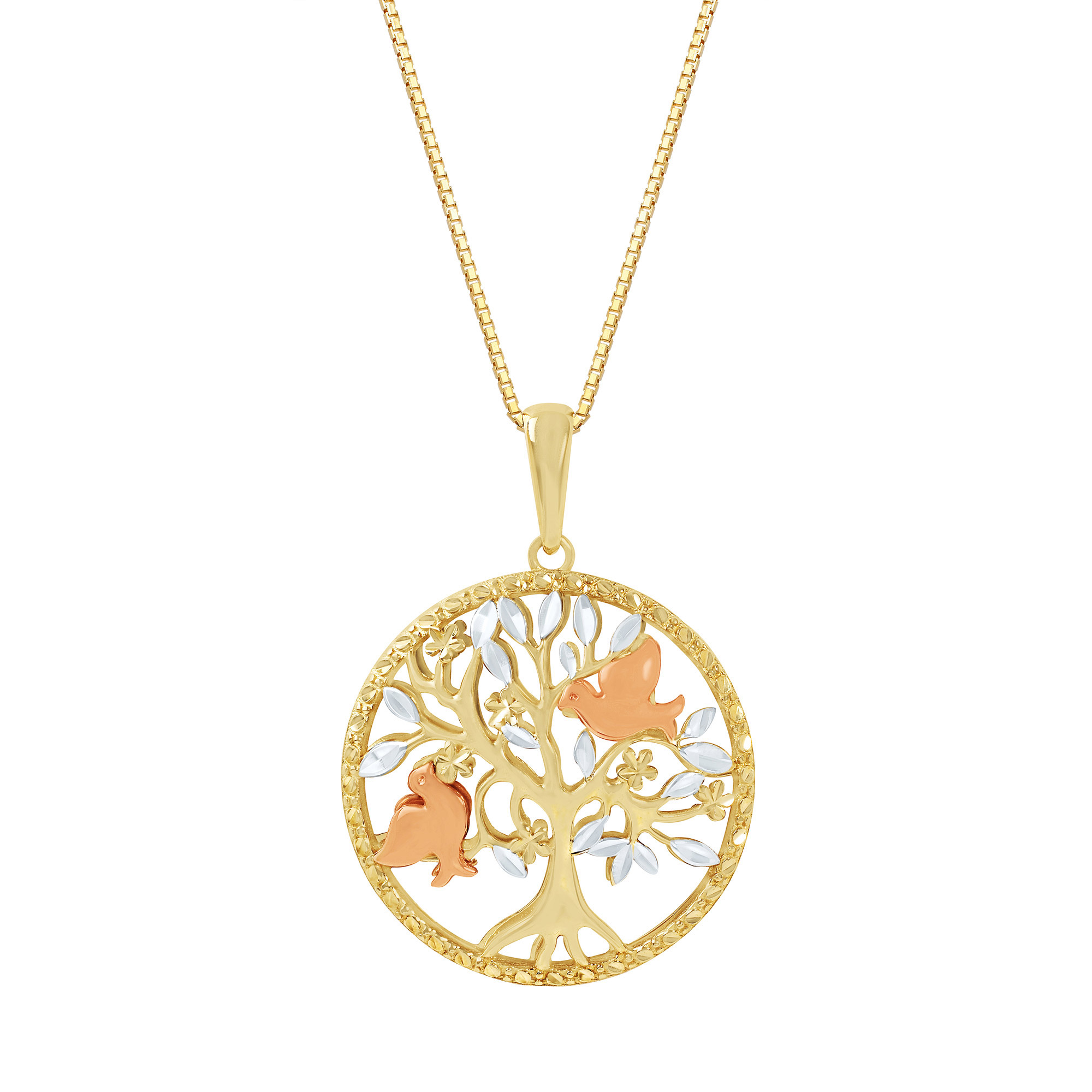High Polish and Diamond Cut Tree of Life Pendant in Three Tone Gold ...