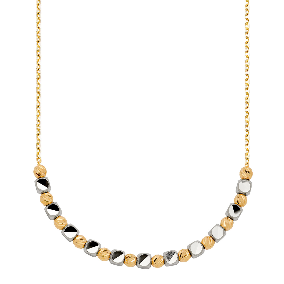 High Polish and Diamond Cut Beaded Necklace in Two tone Gold
