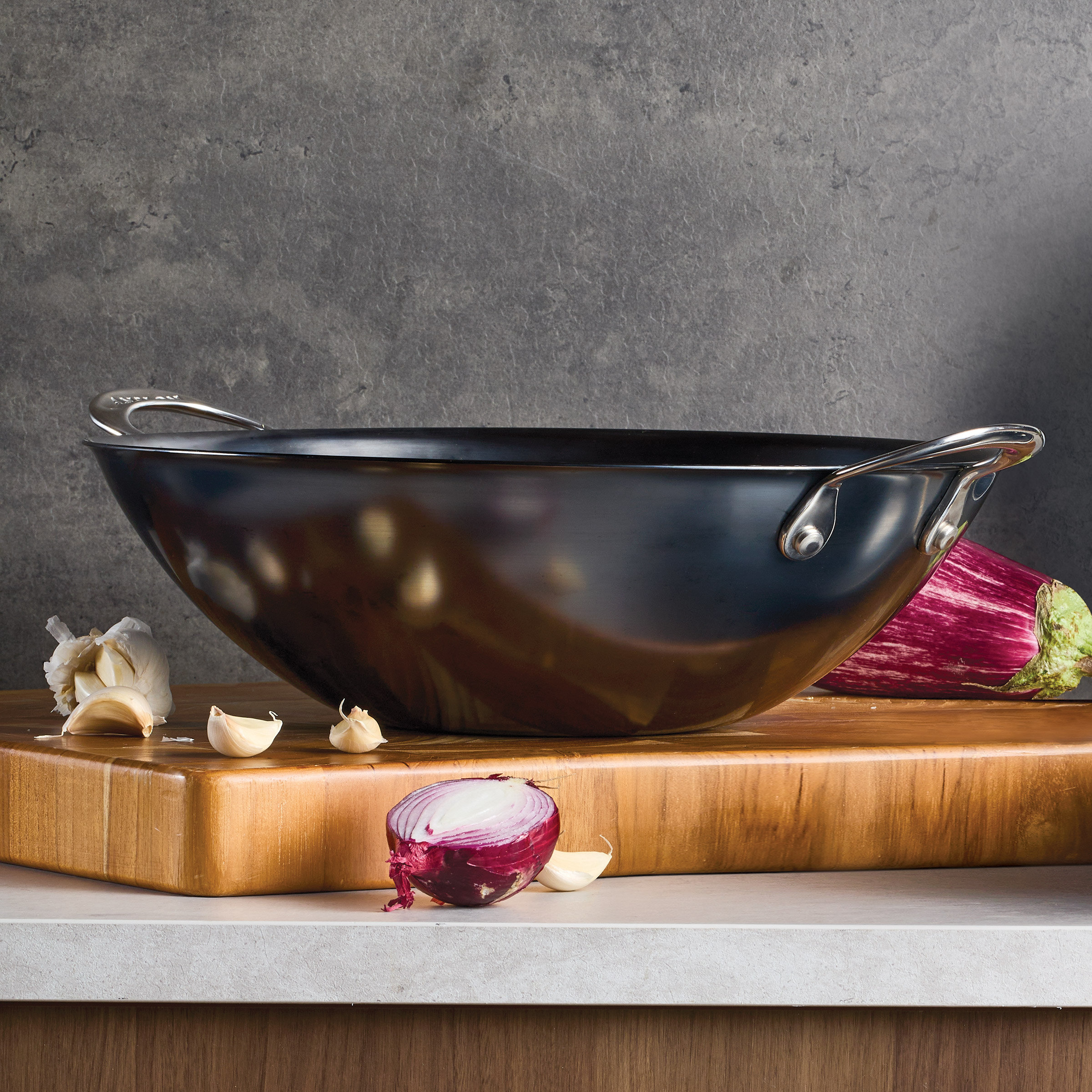 Anolon EverLast Carbon Steel 4-piece Wok and Teak Tool Set