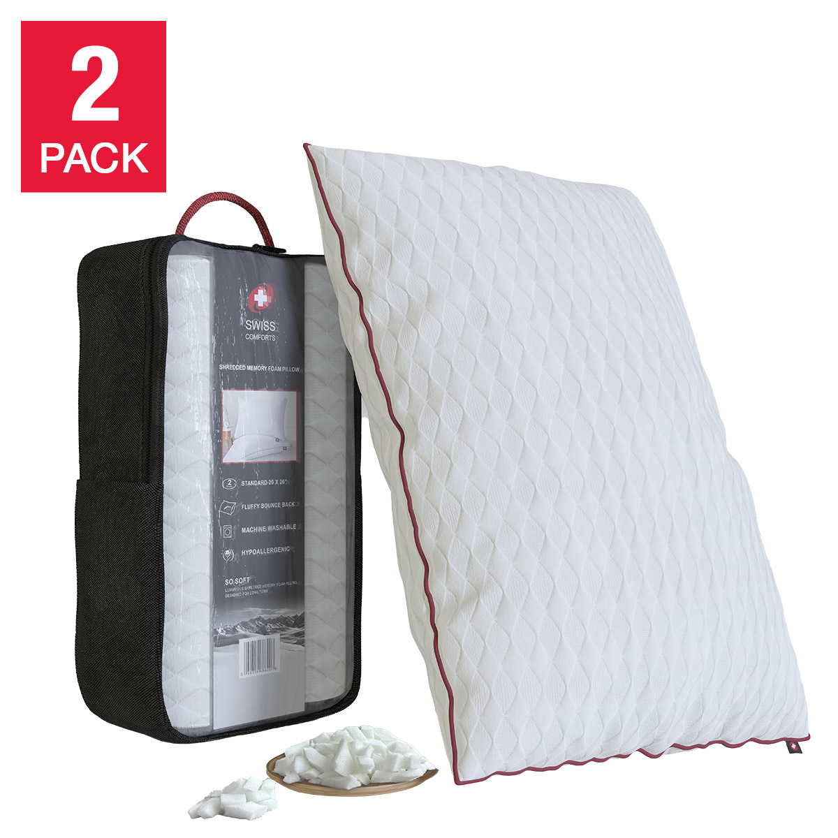 Swiss Comforts Shredded Memory Foam Pillow, 2-pack