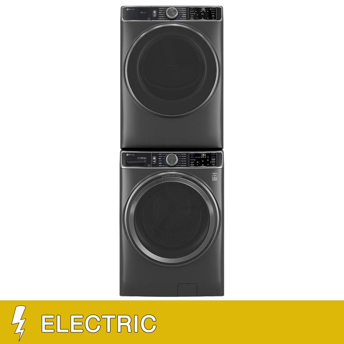 GE Profile 5.5 cu. ft. Smart Front Load Washer with UltraFresh Vent System+ and 7.8 cu. ft. Smart ELECTRIC Front Load Dryer with Steam and Sanitize Cycle with Stacking Kit