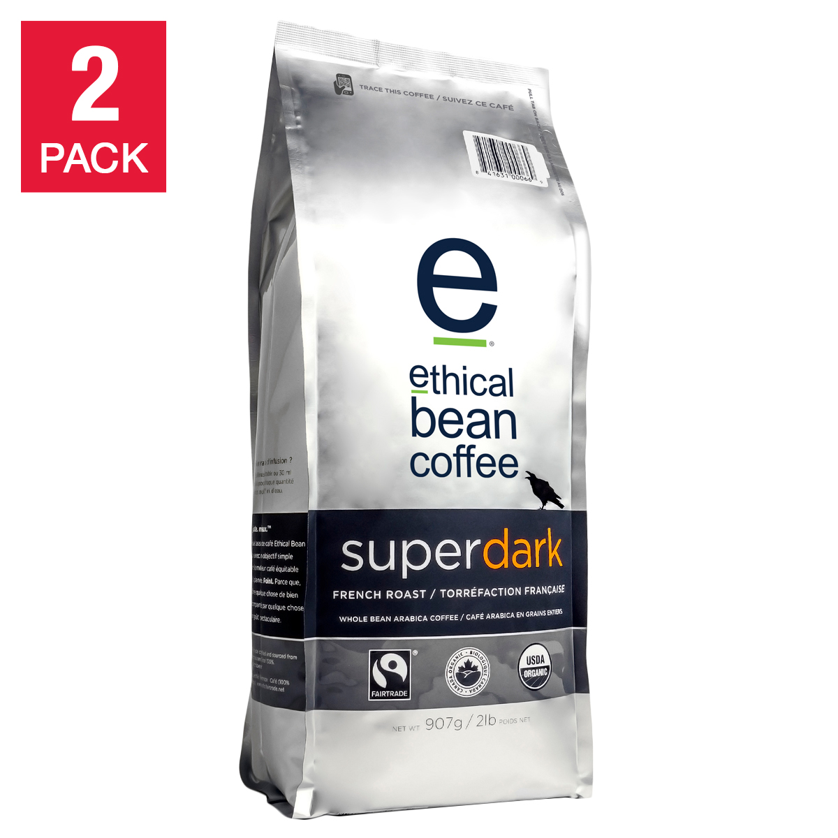 Ethical Bean Coffee Super Dark French Roast Whole Bean Coffee, 2 x 907 g