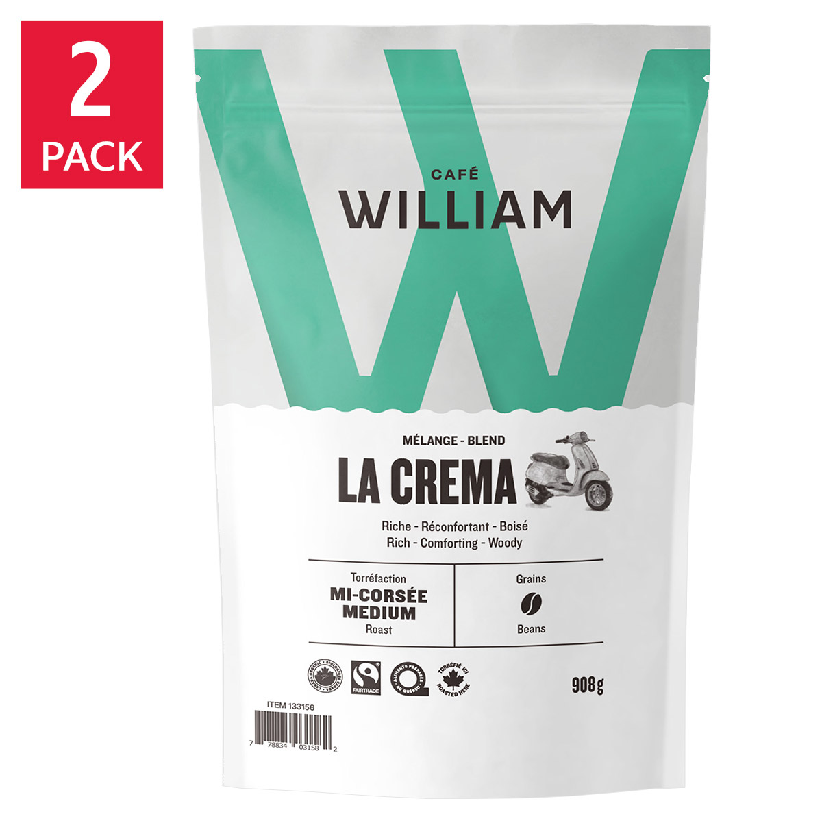 Café William La Crema Whole Bean Organic Fair Trade Coffee, 2 x