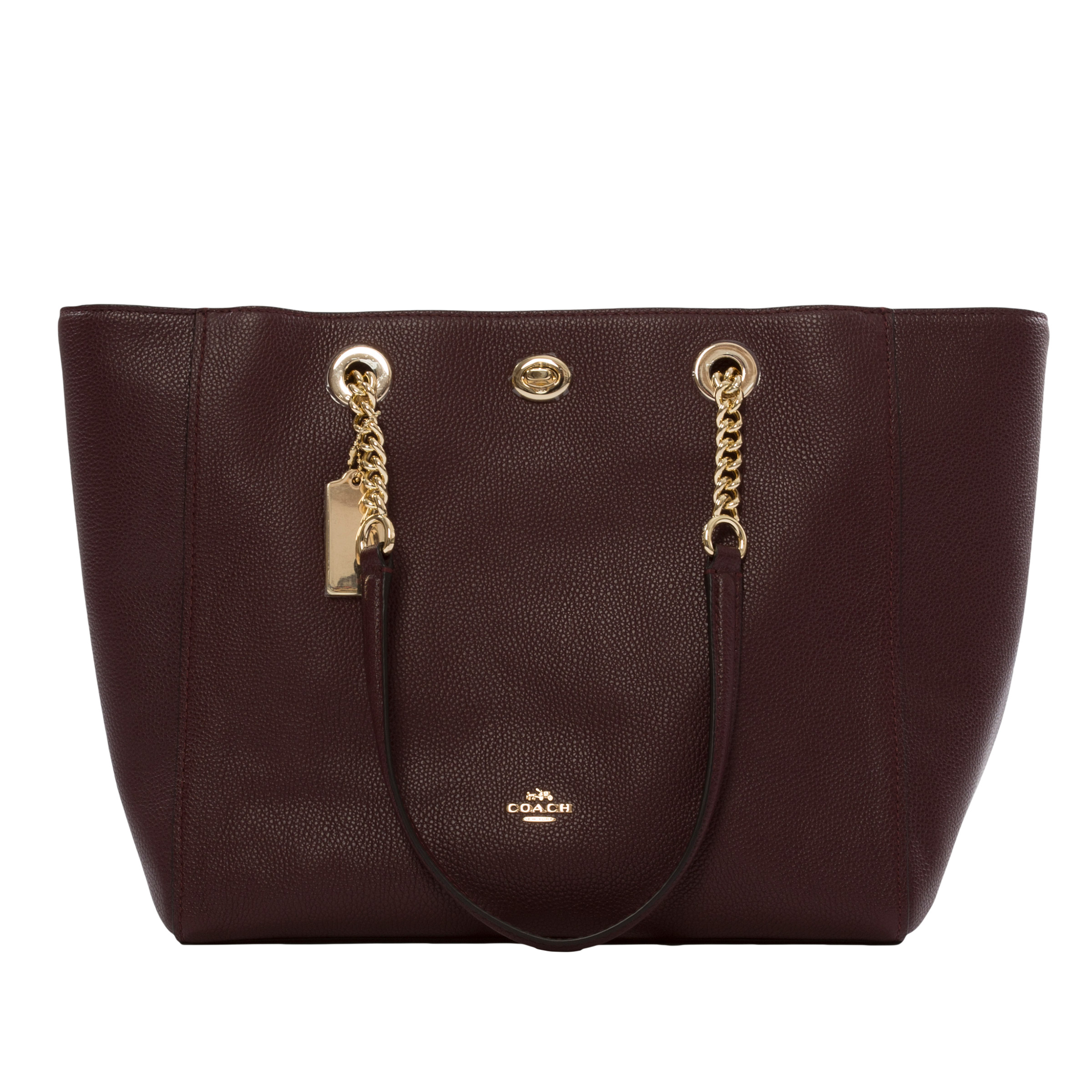 Coach Pebble Leather Turnlock Chain Tote Bag, Oxblood | Costco