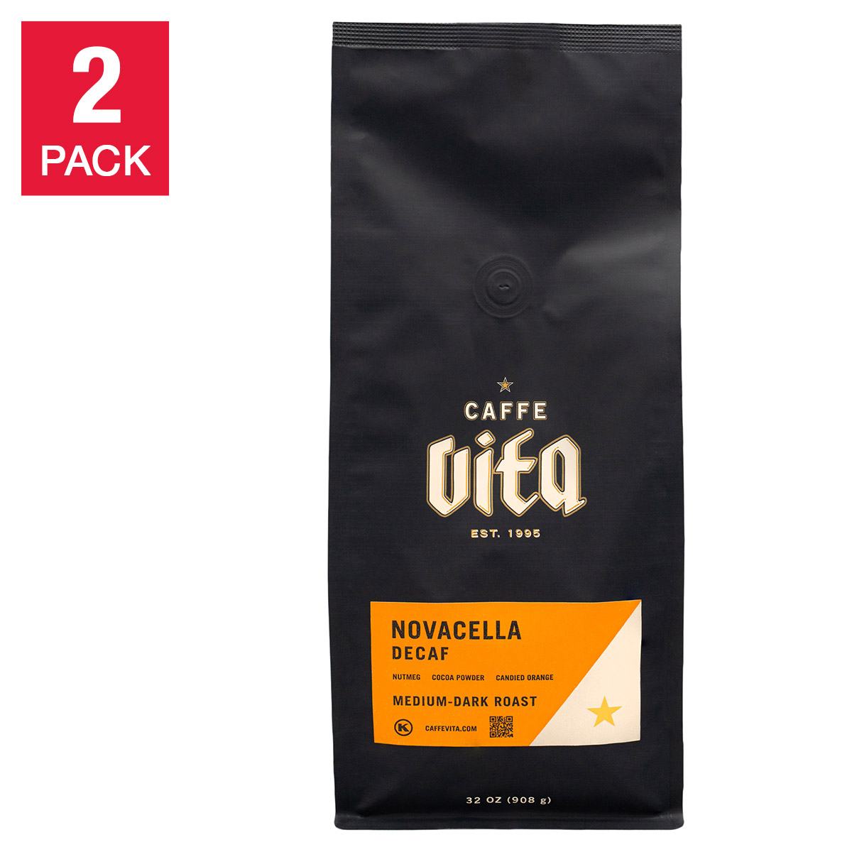 Caffe Vita Novacella Decaf Ground Coffee  Medium- Dark Roast  2 lb bag. 2-pack