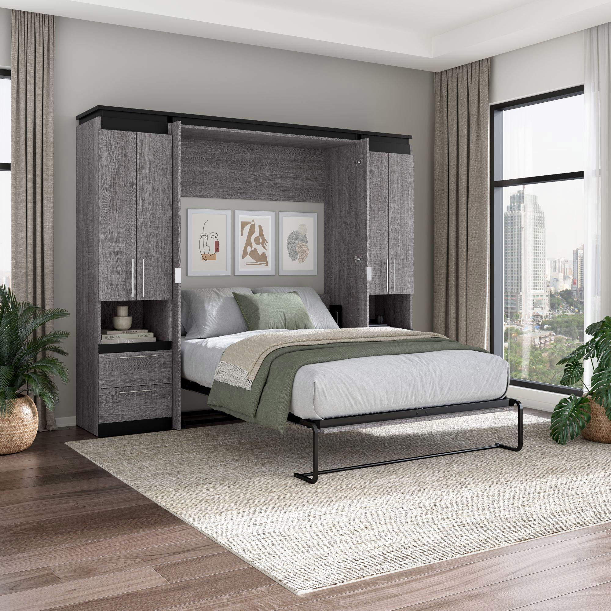 Bestar Orion 3-piece Double Wall Bed with Storage Cabinets and Pull-Out Shelves