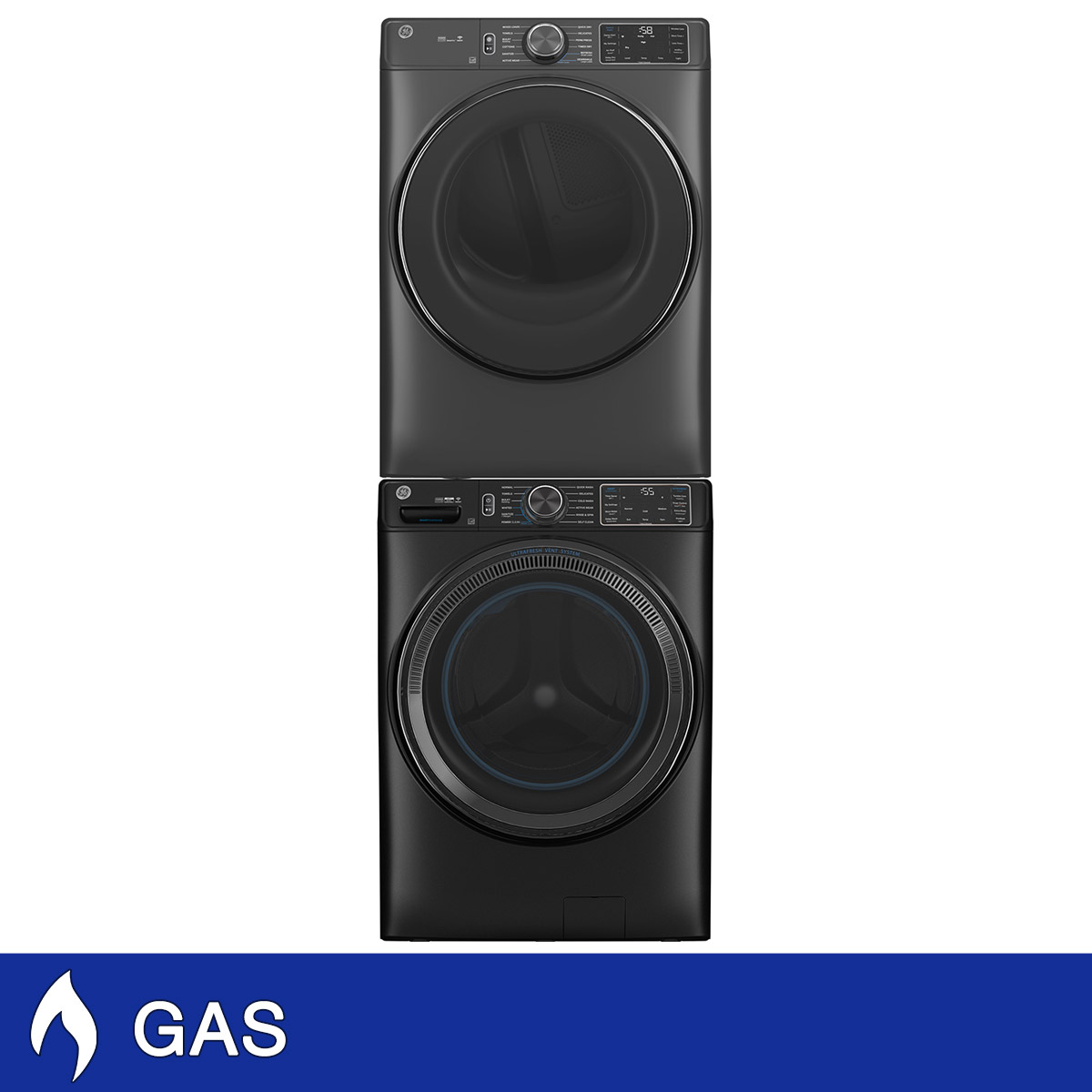 GE 5.0 cu. ft. Front Load Steam Washer with SmartDispense and 7.8 cu. ft. GAS Dryer with Steam and Sanitize Cycle Laundry Package with Stacking Kit