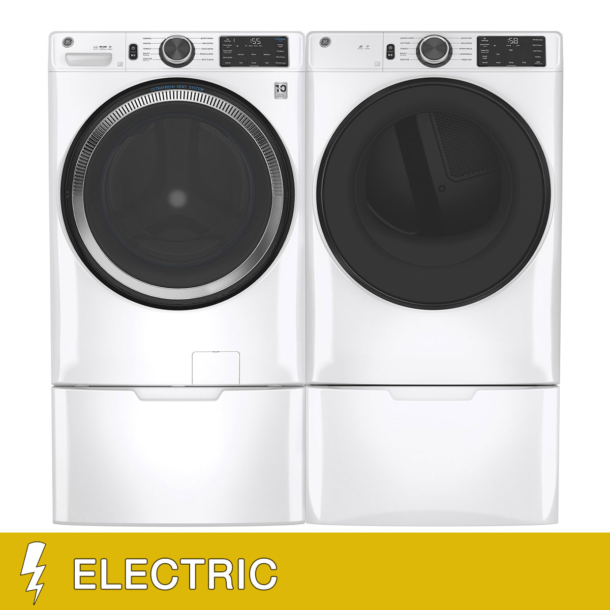 GE 4.8 cu. ft. Washer with Microban and 7.8 cu. ft. ELECTRIC Dryer Laundry Package with Storage Pedestals