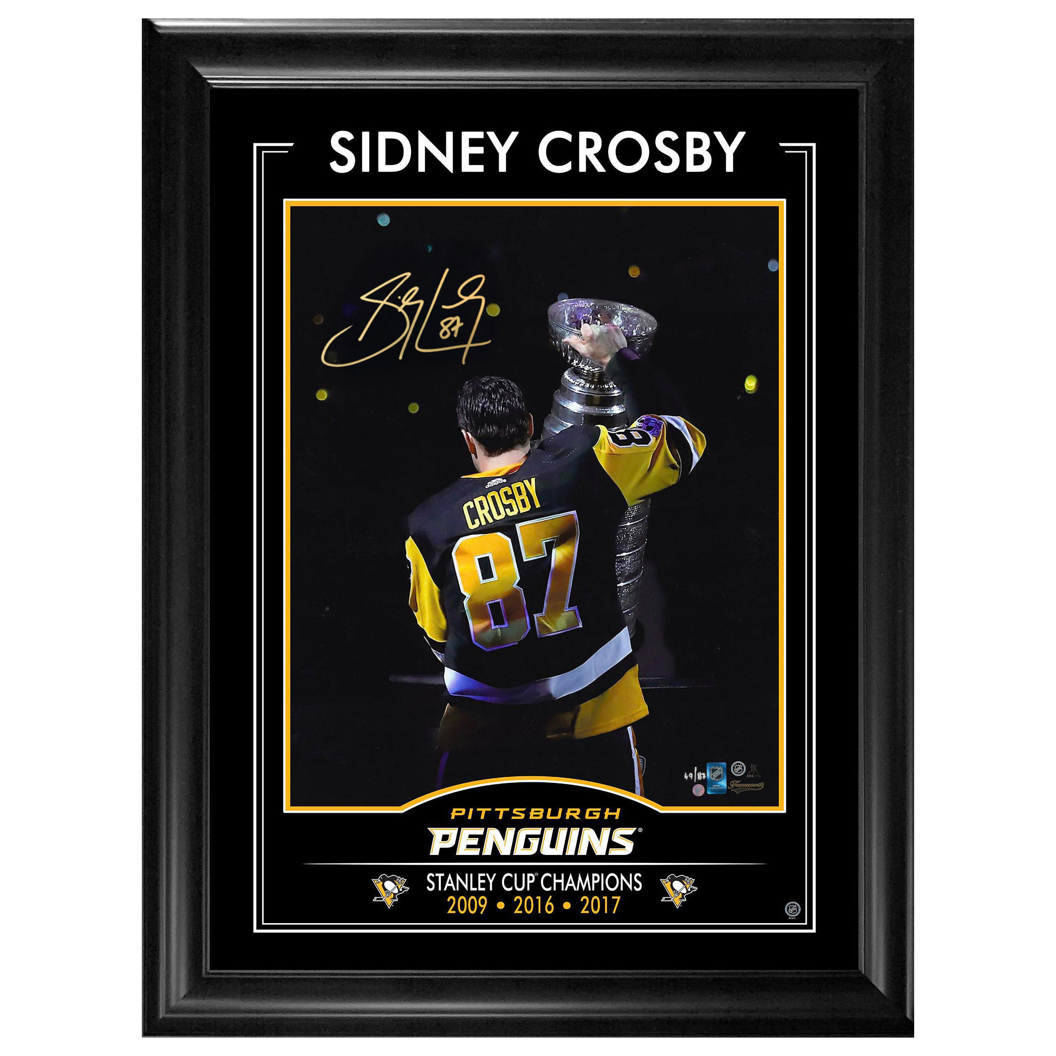Frameworth Sidney Crosby Signed 16x20 in. Framed Photo Glass Pittsburgh Penguins Stanley Cup (Limited Edition of 87)