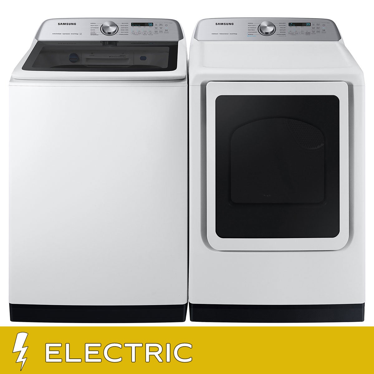 Samsung 5.5 cu. ft. Extra-Large Capacity Smart Top Load Washer with Super Speed Wash and 7.4 cu. ft. Smart ELECTRIC Dryer with Steam Sanitize+