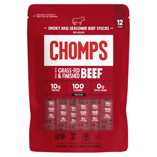 Chomps Smokey BBQ Seasoned Beef Sticks, 1.15 oz, 12-count