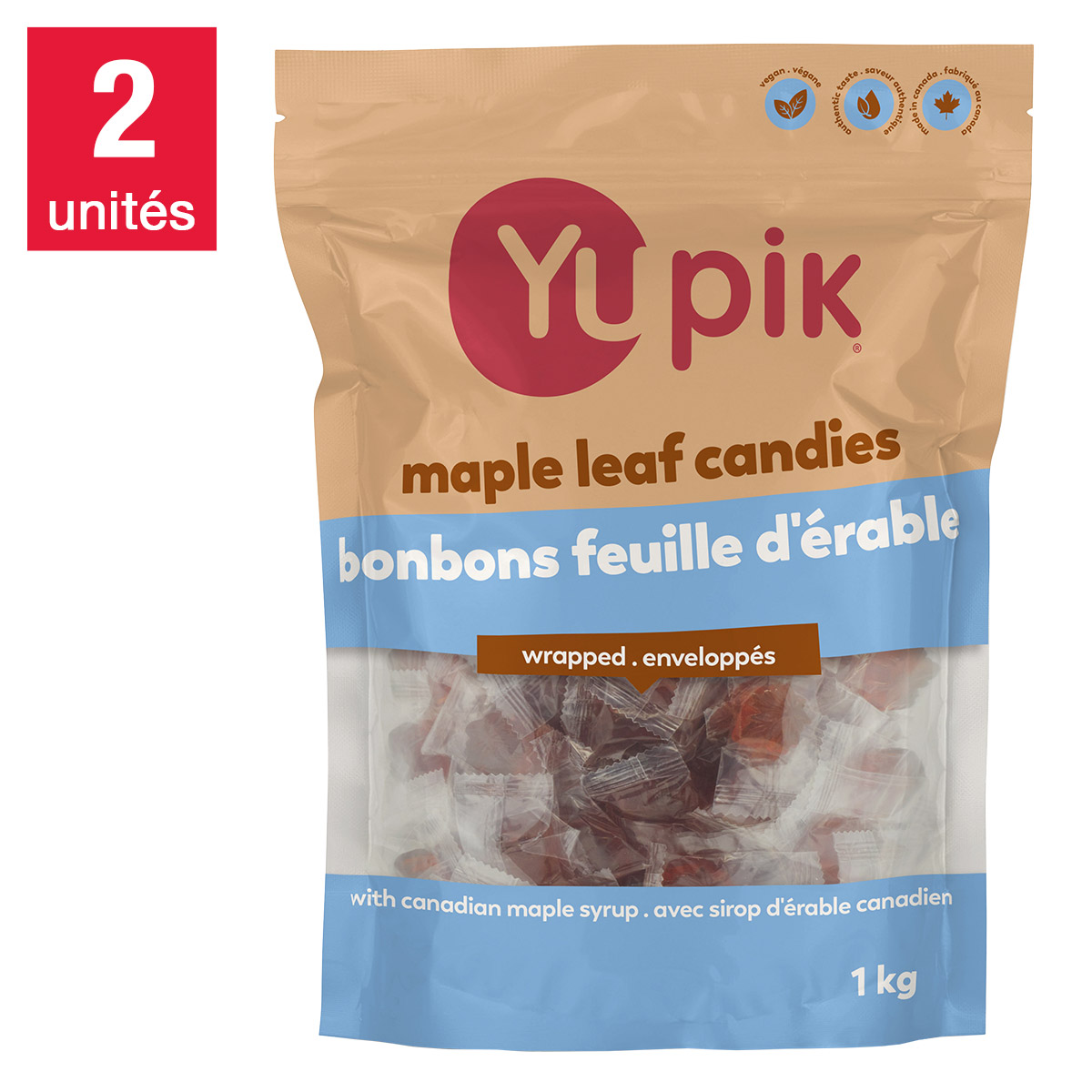 Yupik - Bonbons au sirop d’érable pur en forme de feuille d’érable, 2 × 1 kg