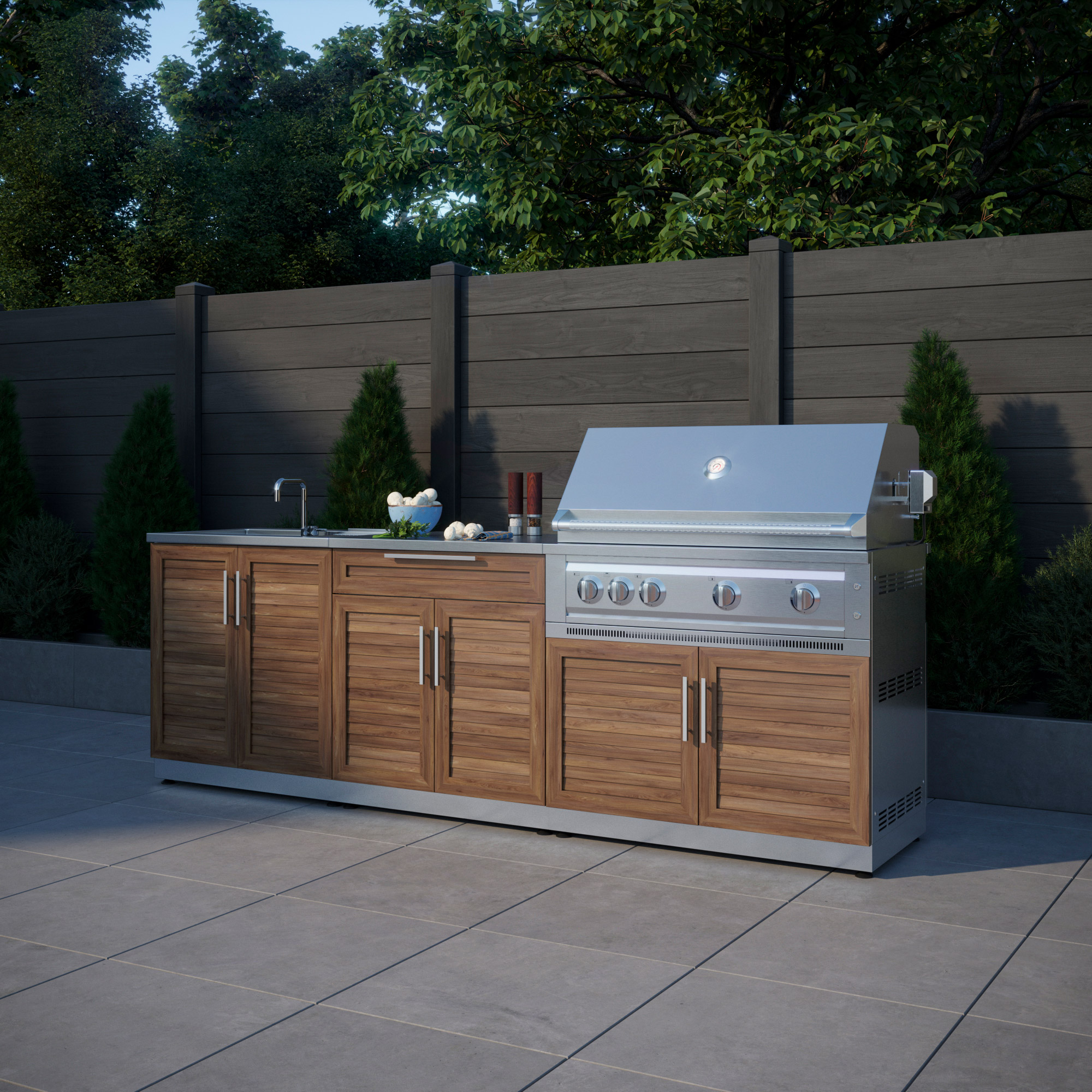 NewAge Products 5-piece Grove Stainless Steel Outdoor Kitchen with Drop-In Stainless Steel Platinum Grill