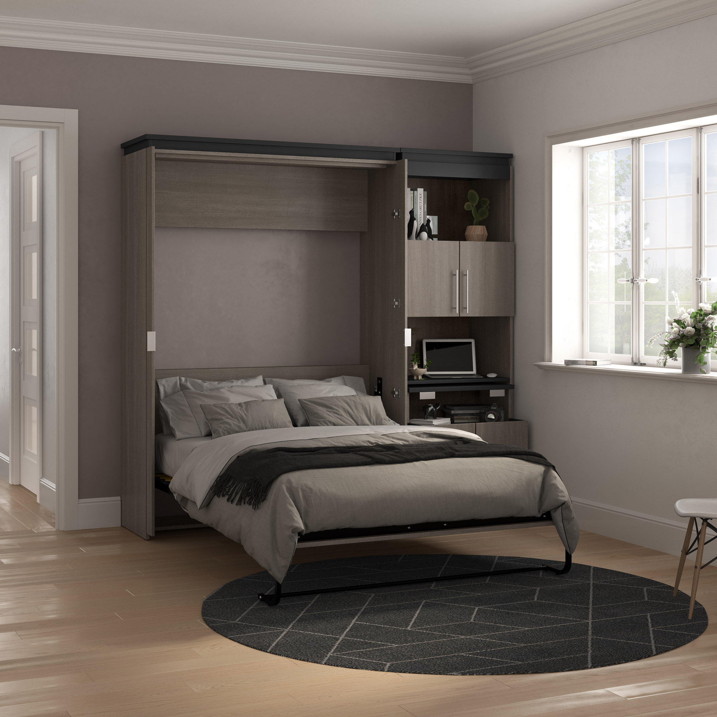 Orion Full Wall Bed and Shelving Unit with Fold-Out Desk