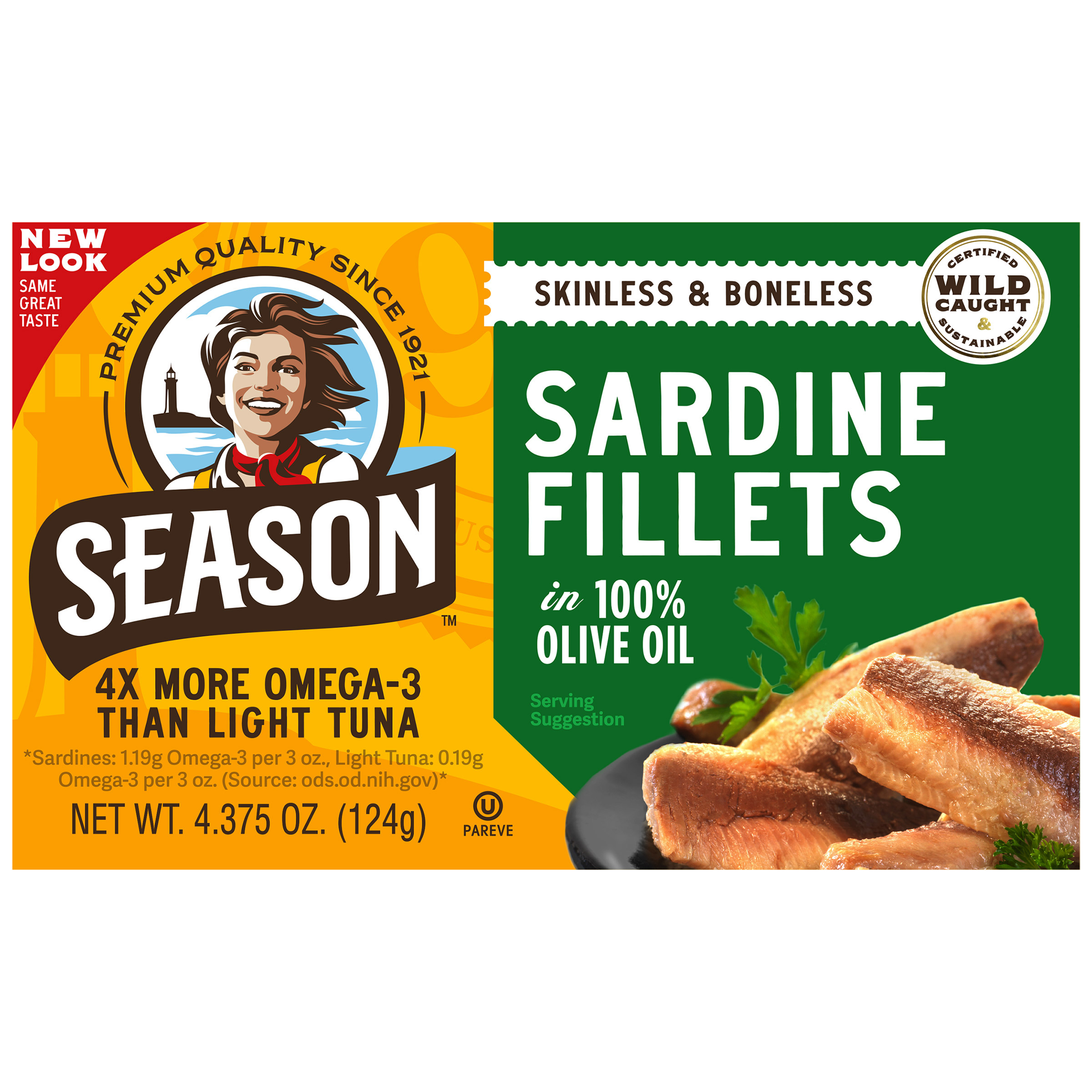 Season Sardine Fillets In 100% Olive Oil  Wild Caught  Skinless & Boneless  4.375 oz  6-Count