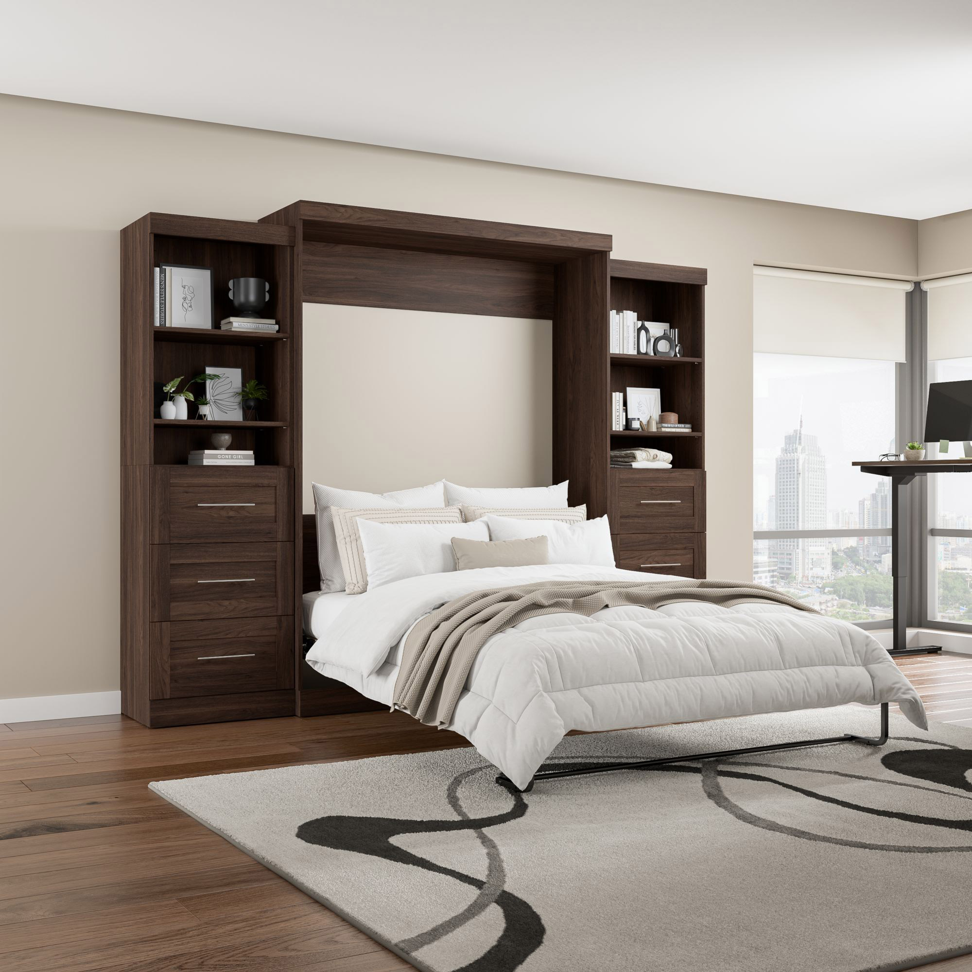 Boutique Queen Murphy Bed and 2 Shelving Units with Drawers