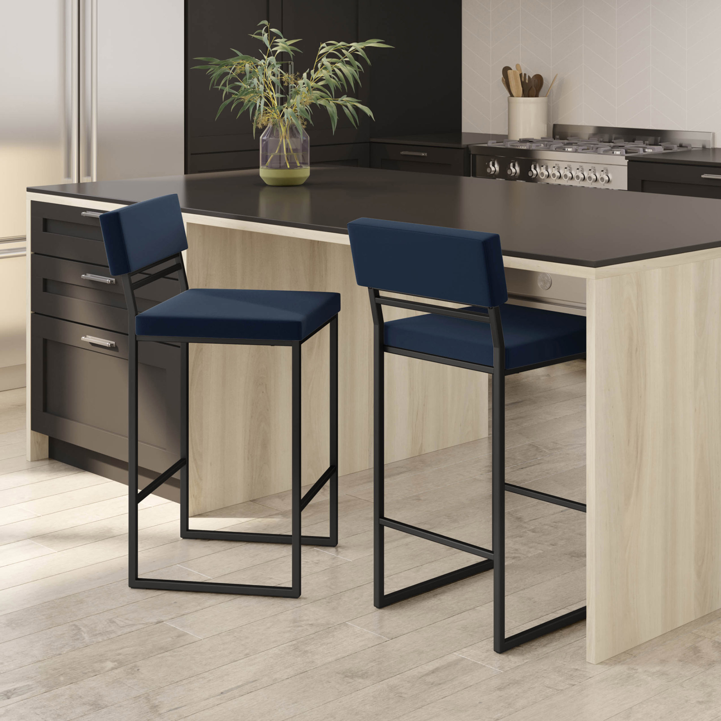Amisco Everly Modern Counter Stool, Blue Seat and Black Base