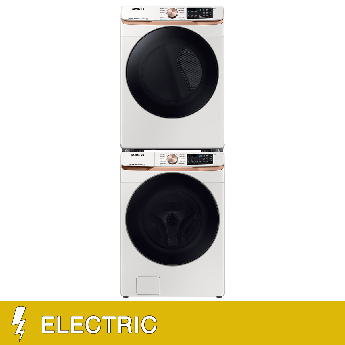 Samsung 5.0 cu. ft. Extra Large Capacity Smart Front Load Washer with Super Speed Wash and 7.5 cu. ft. Smart ELECTRIC Dryer with Stacking Kit