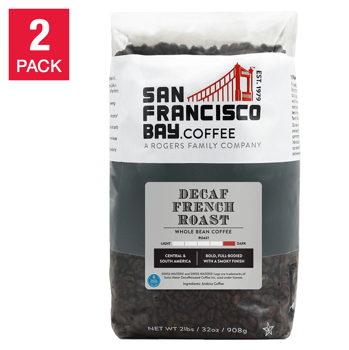 San Francisco Bay Decaf French Roast Whole Bean Coffee 2 lb  2-pack