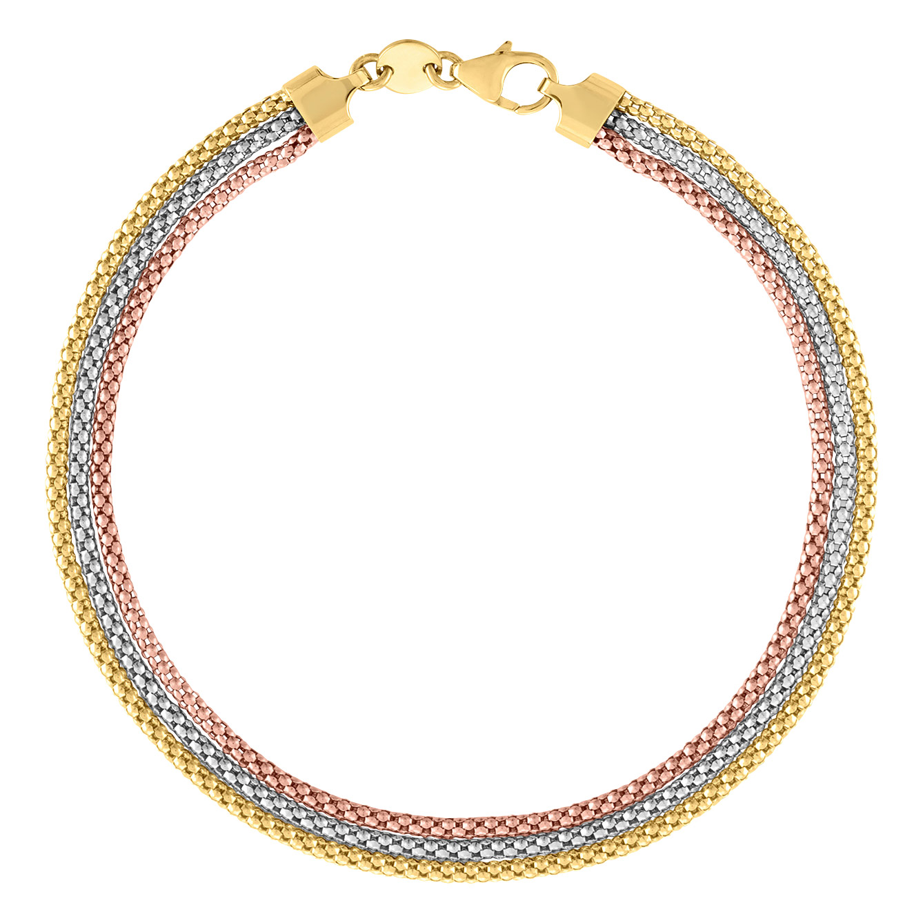 High Polish Triple Row Popcorn Chain Bracelet in Three Tone Gold