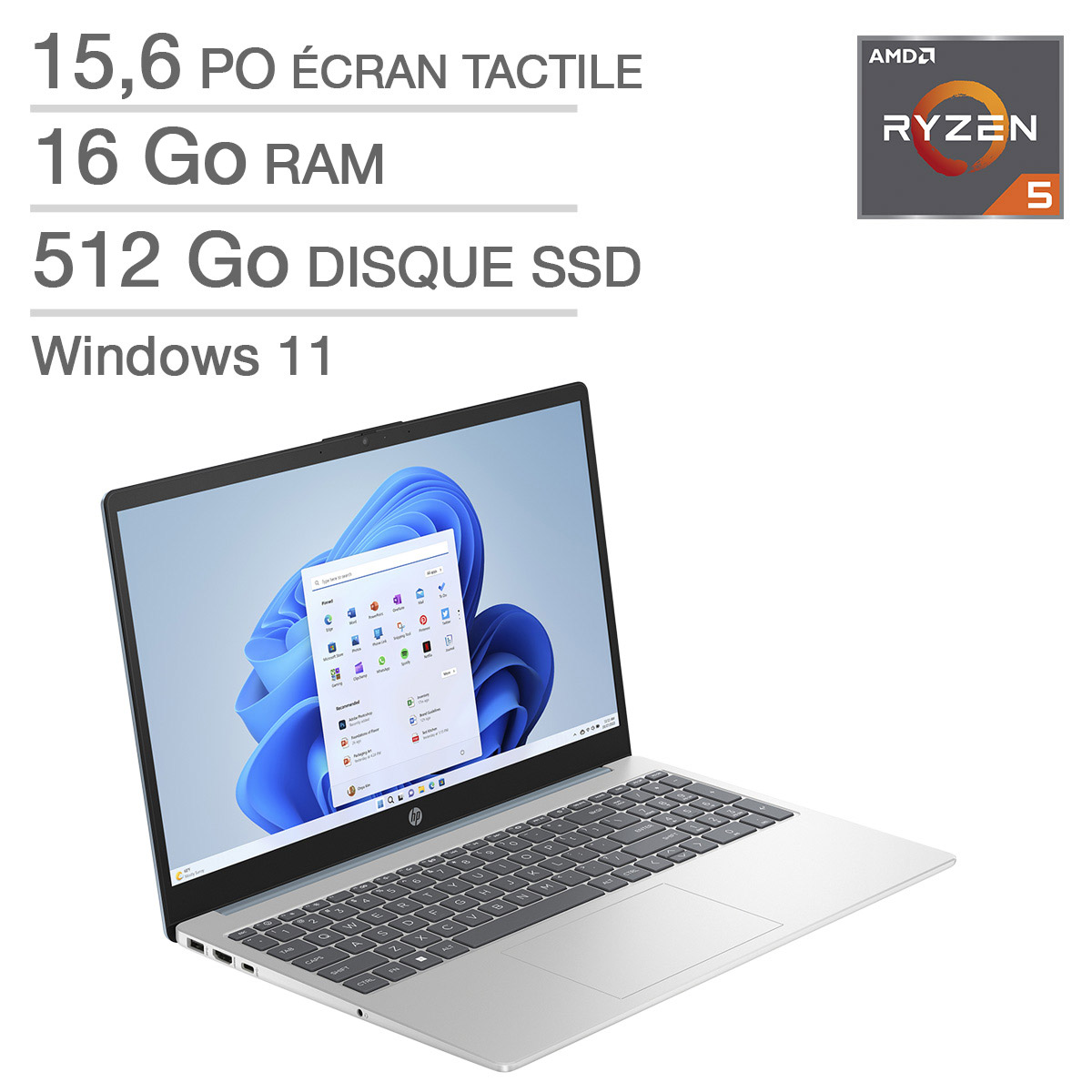 HP - Ordinateur portable écran tactile de 15,6 po, AMD Ryzen 5 7520U, 16 Go de RAM, 512 Go SSD